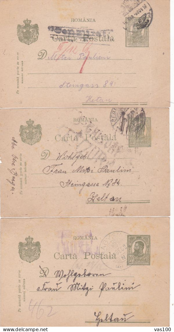 Romania, 1919-20, WWI Military Censored CENSOR ,3X,POSTCARD STATIONERY  POSTMARK  SEGESVAR, NAGYSEBEN - 1. Weltkrieg (Briefe)