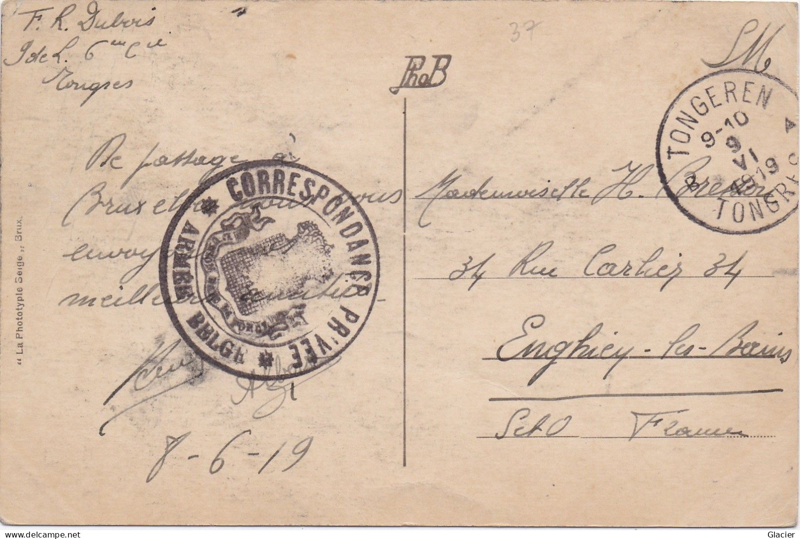 Correspondance Privé Armée Belge  - Tongeren 1919 - Pour Enghien-les-Bains ( France ) - Armeestempel