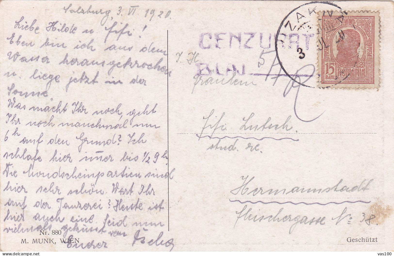 Romania, 1920, WWI Military Censored CENSOR ,POSTCARD, POSTMARK  BLAJ - Storia Postale Prima Guerra Mondiale