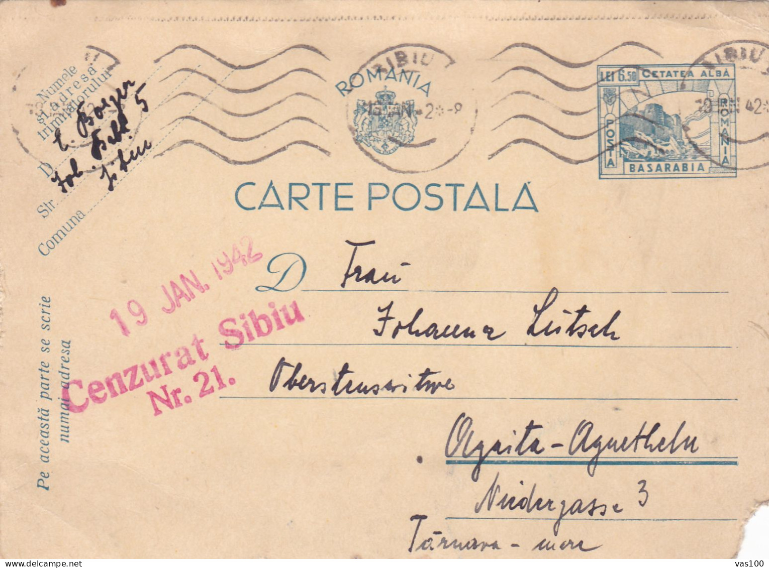 Romania, 1942, WWII Military Censored CENSOR ,POSTCARD STATIONERY,POSTMARK ,BASARABIA - 2de Wereldoorlog (Brieven)