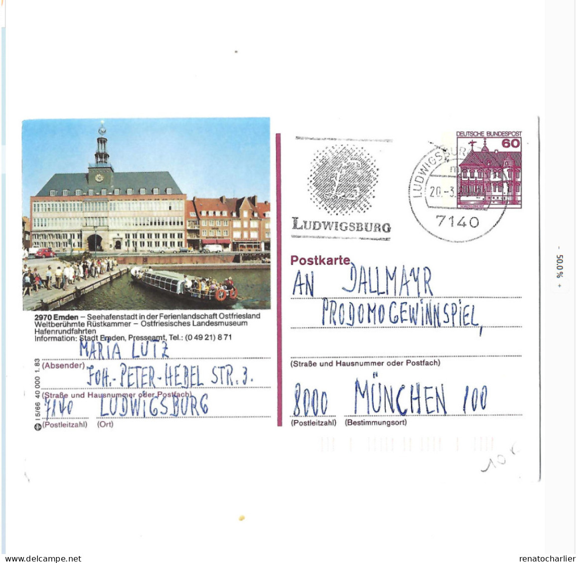 Entier Postal à 60 Pfennig."Emden" Expédié De Ludwigsburg à Munchen. - Geïllustreerde Postkaarten - Gebruikt