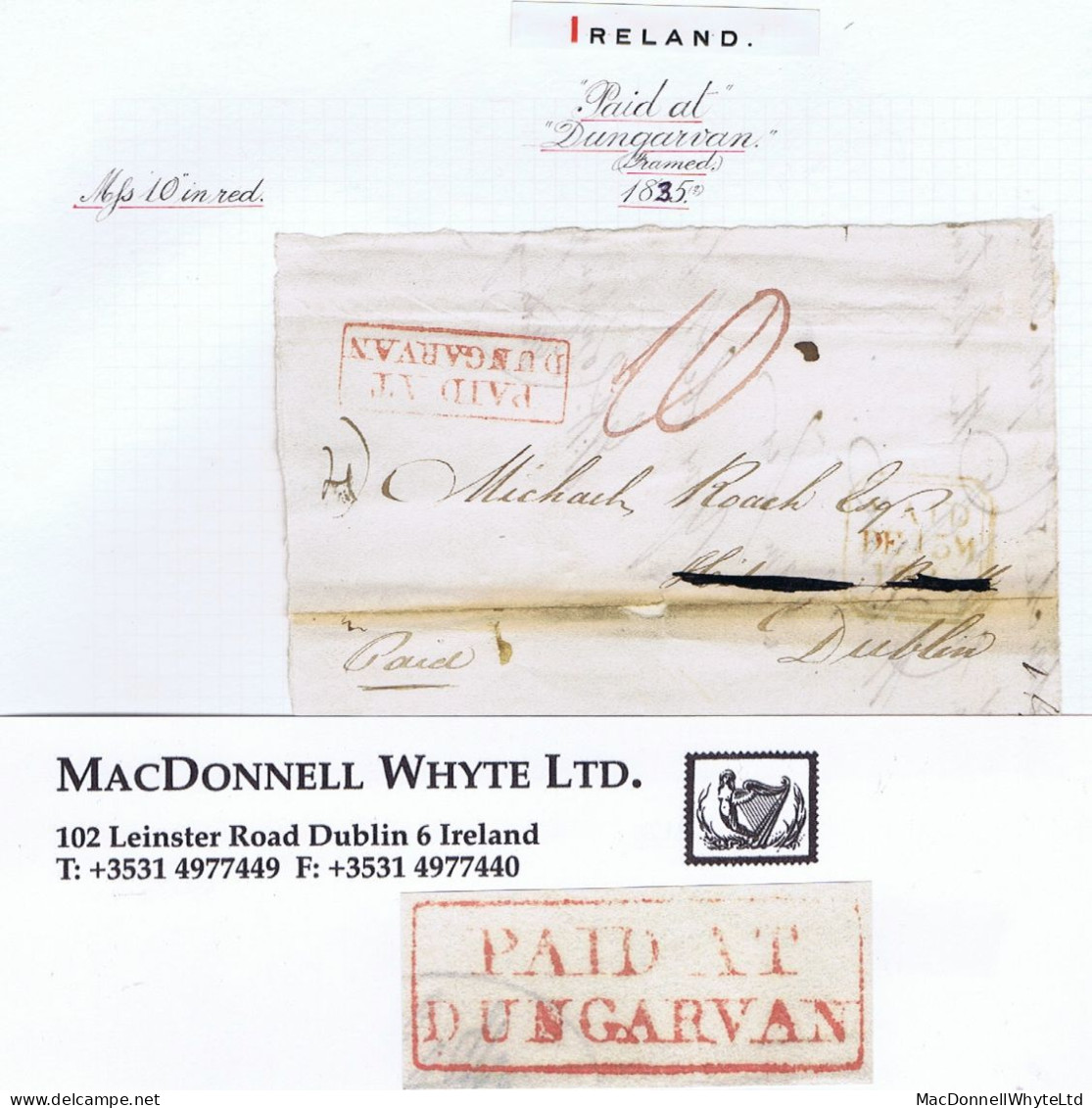 Ireland Waterford 1835 Front Only To Dublin At "10" With Boxed PAID AT/DUNGARVAN, Clear Strike In Red - Prephilately