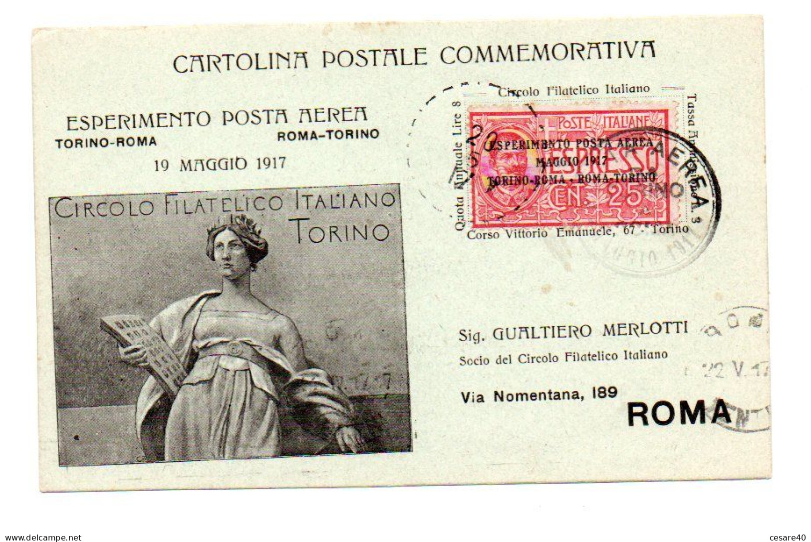 ITALIA - TORINO - Commemorativa, Esperimento Posta Aerea -viagg.1917- LUG 2022-06 - Transport