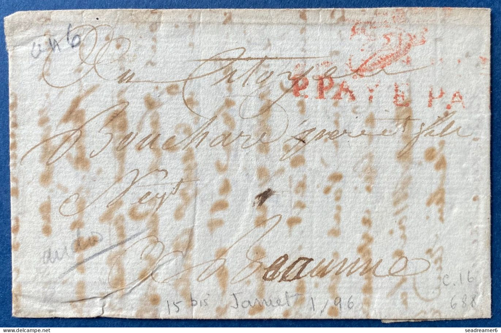 FRANCE Lettre 1798 De PARIS LYS P.PAYE PARIS Rouge +Deb BAUME Sur Le Doubs Manuscrit (cote D'or, Indice 17) Pour BEAUNE - ....-1700: Precursors