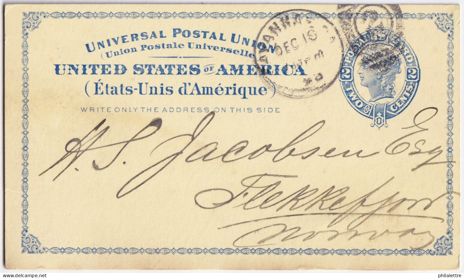 USA To NORWAY - 1893 2c Blue Postal Card Sc.UX6 Pre-printed Used From SAVANNAH, Ga To FLEKKEFJORD, Norway - ...-1900