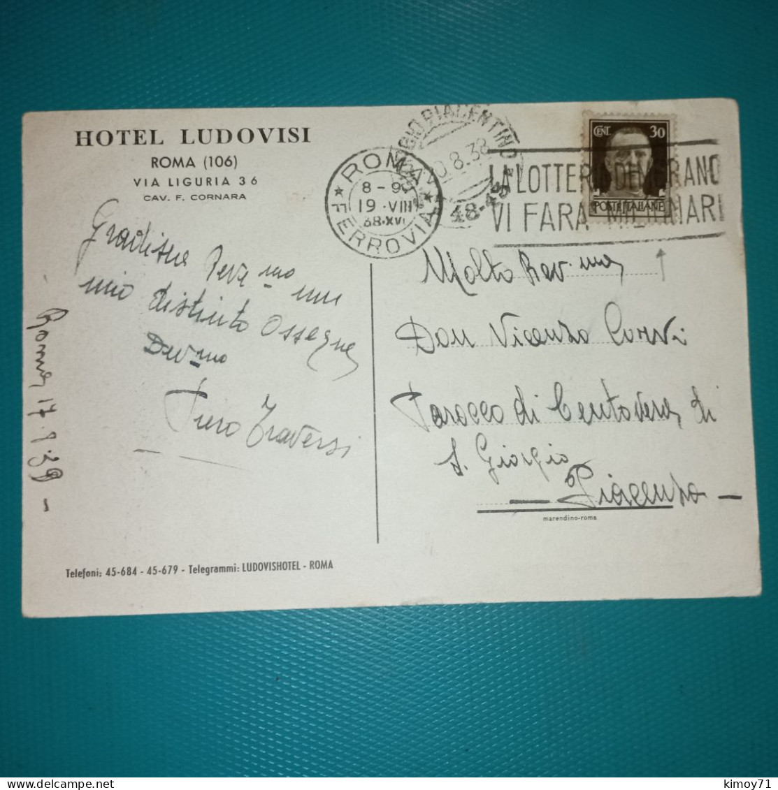 Cartolina Roma - Hotel Ludovisi. Viaggiata 1939 - Cafes, Hotels & Restaurants