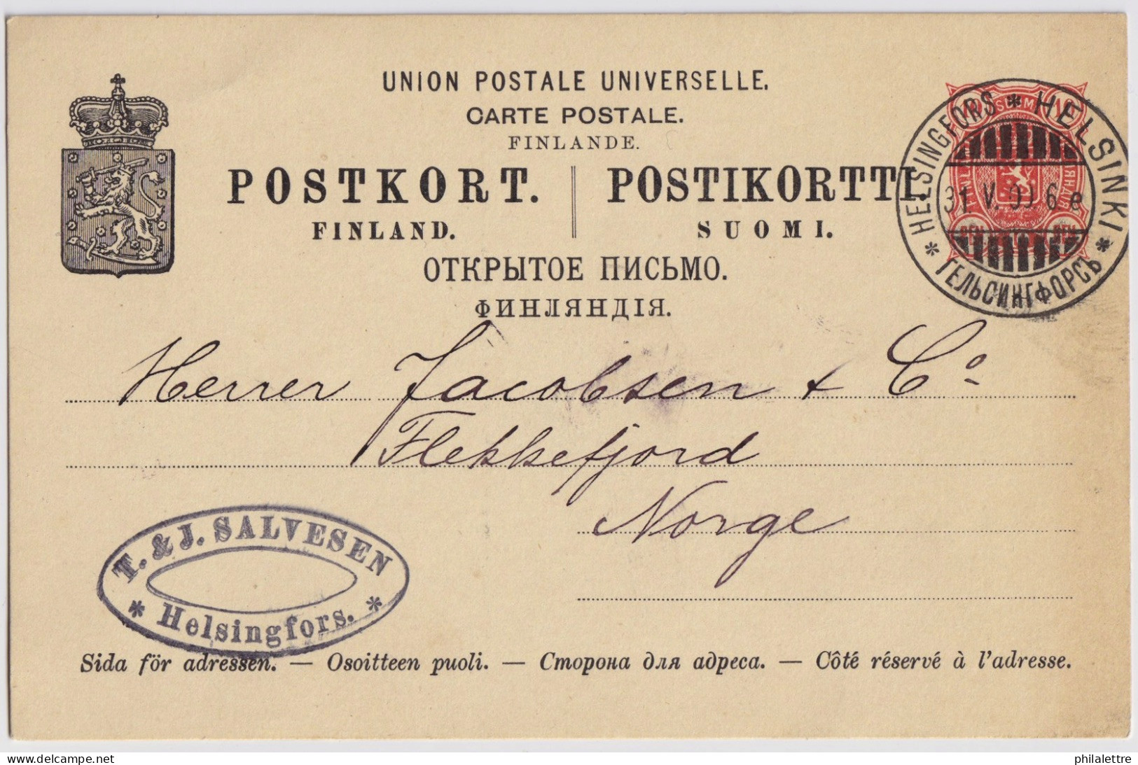 FINLAND To NORWAY - 1900 10pen Rose Postal Card Mi.P27 Used From HELSINKI To FLEKKEFJORD, Norway - Entiers Postaux