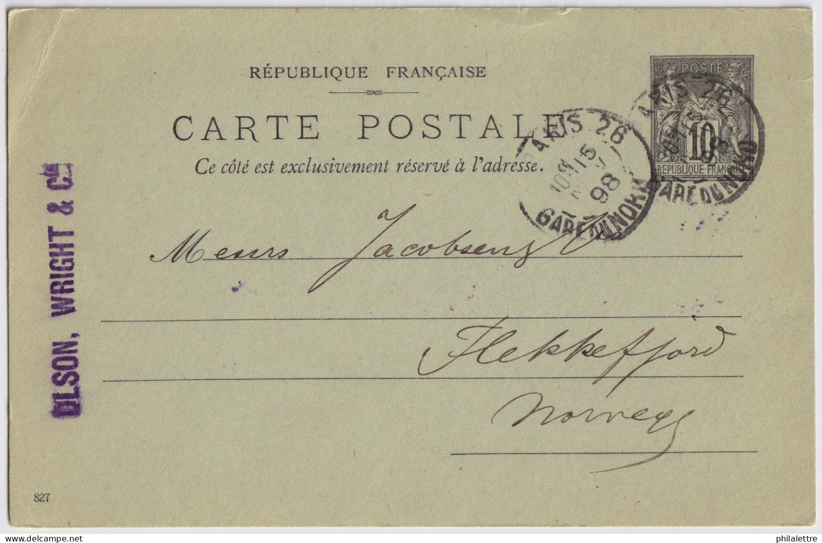 FRANCE - 1898 Entier CP 10c Sage (Mi.P12.II) Utilisé De PARIS-26 / GARE DU NORD à FLEKKEFJORD, Norvège - Cartoline Postali E Su Commissione Privata TSC (ante 1995)