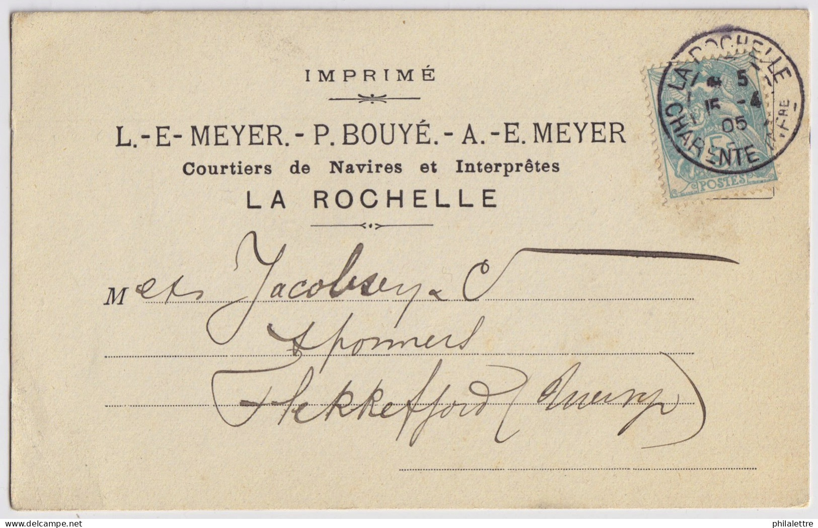 FRANCE - 1905 5c Vert-bleu Type Blanc (Yv.111) Sur Carte Commerciale De LA ROCHELLE à FLEKKEFJORD, Norvège - Covers & Documents