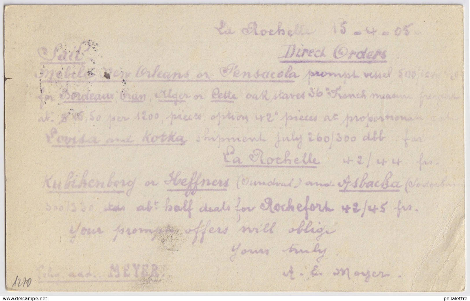 FRANCE - 1905 5c Vert-bleu Type Blanc (Yv.111) Sur Carte Commerciale De LA ROCHELLE à FLEKKEFJORD, Norvège - Cartas & Documentos