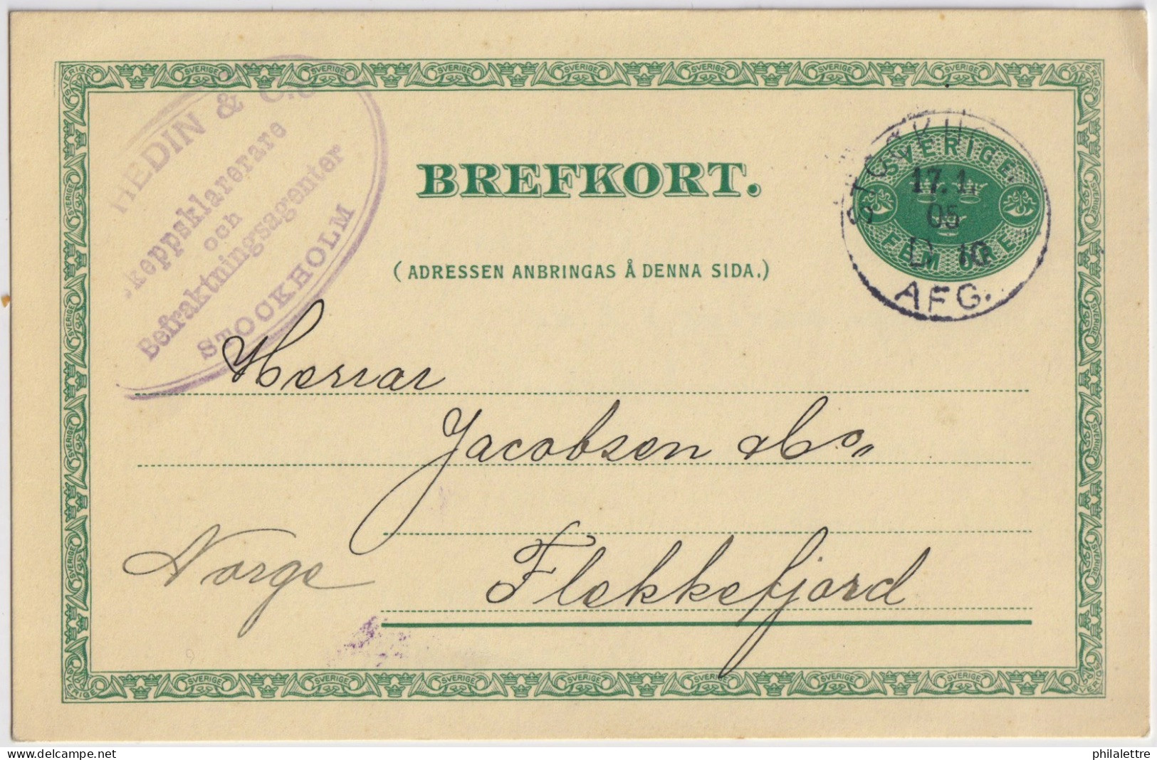 SWEDEN - 1905 5c Postal Card Mi.P19 Used From STOCKHOLM To FLEKKEFJORD, Norway - Postal Stationery