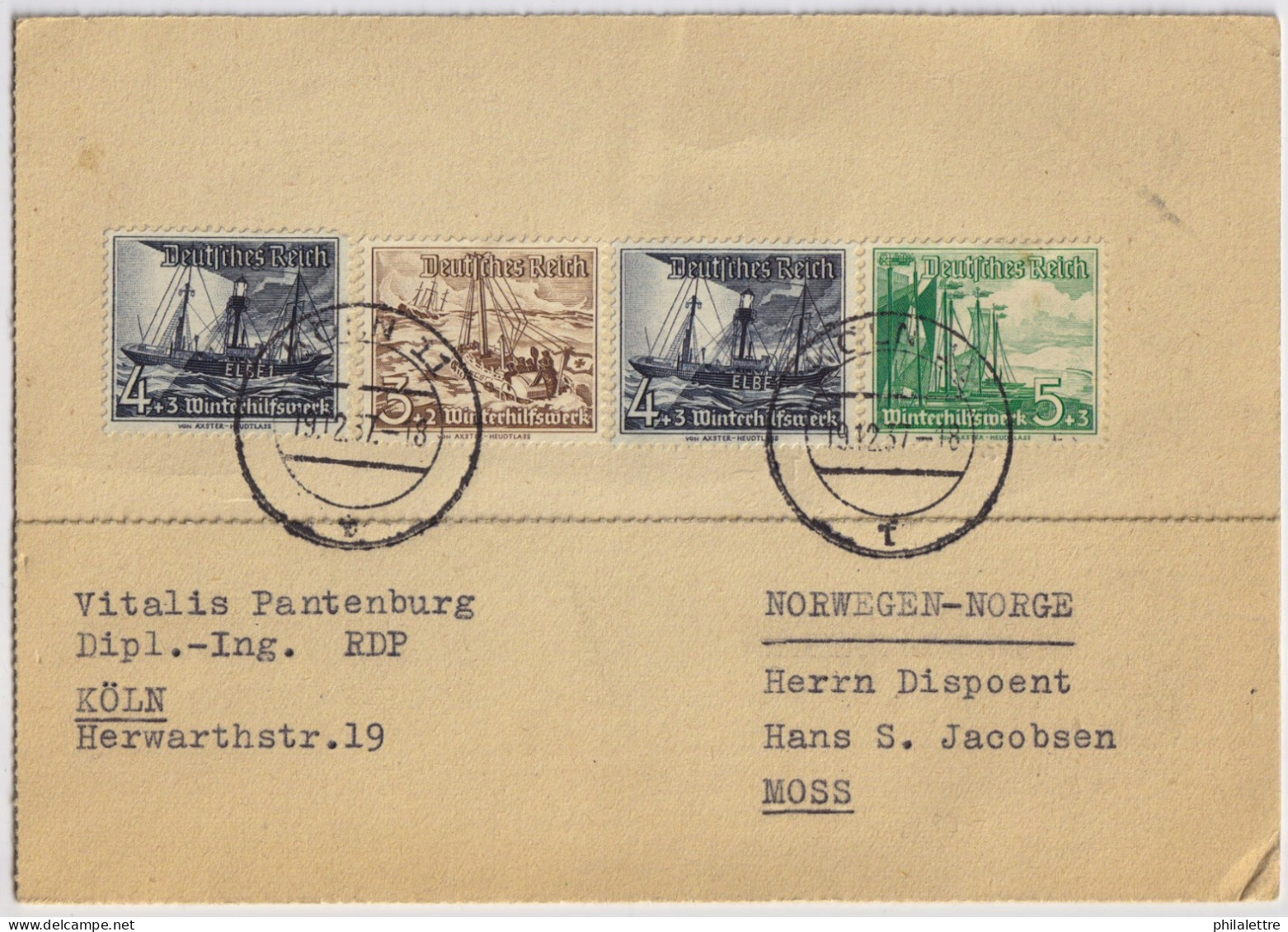 ALLEMAGNE / GERMANY - Mi.651, Mi.652 (x2) & Mi.653 Used On Commercial PC From Cologne (KÖLN) To MOSS, Norway - Storia Postale