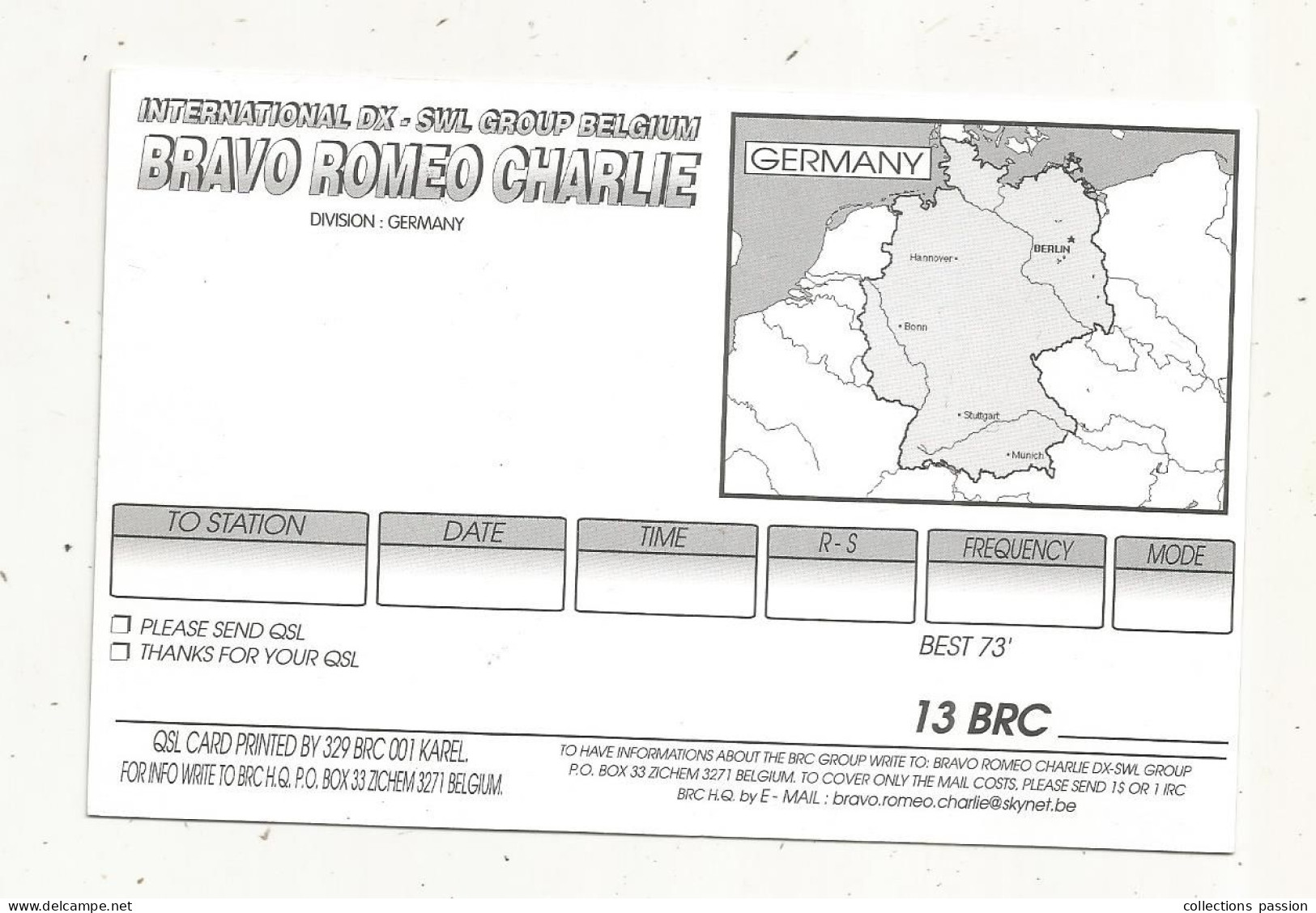 Cp , Carte QSL 4 Pages,  BRAVO ROMEO CHARLIE, International DX - SWL Group Belgium,GERMANY,ALLEMAGNE,  2 Scans - Radio Amatoriale