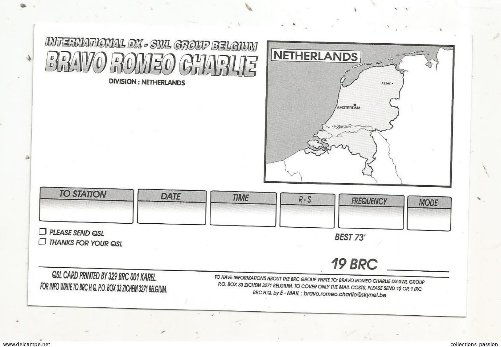 Cp , Carte QSL 4 Pages,  BRAVO ROMEO CHARLIE, International DX - SWL Group Belgium,NETHERLANDS, PAYS BAS,  2 Scans - Radio Amatoriale