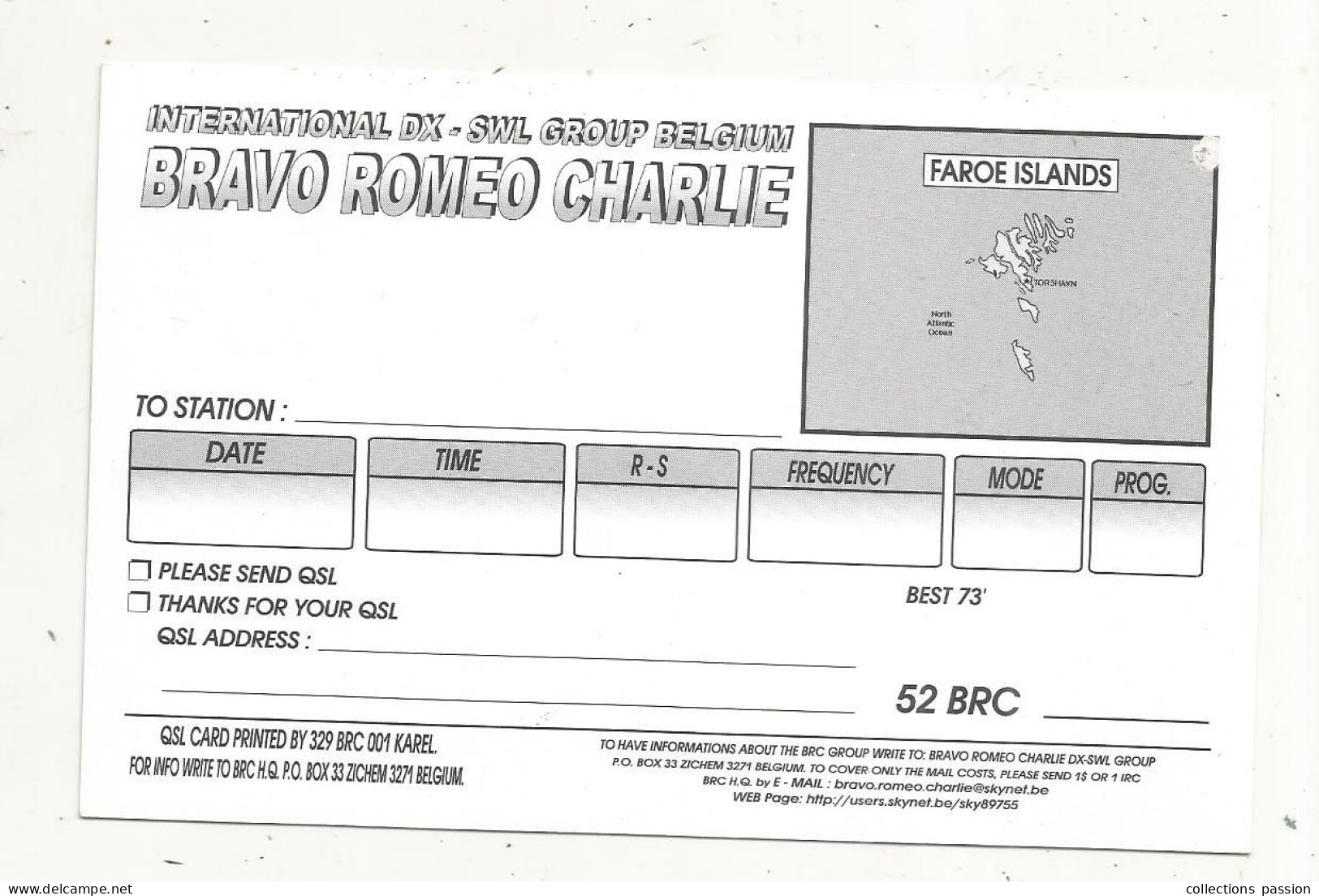 Cp , Carte QSL 4 Pages,  BRAVO ROMEO CHARLIE, International DX - SWL Group Belgium, FAROE ISLANDS,  2 Scans - Radio Amateur