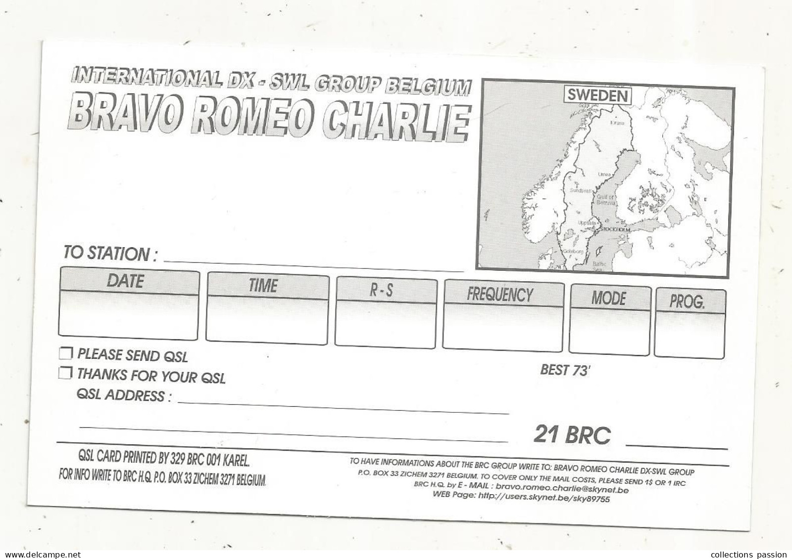 Cp , Carte QSL 4 Pages,  BRAVO ROMEO CHARLIE, International DX - SWL Group Belgium, SWEDEN, SUEDE,  2 Scans - Radio Amatoriale