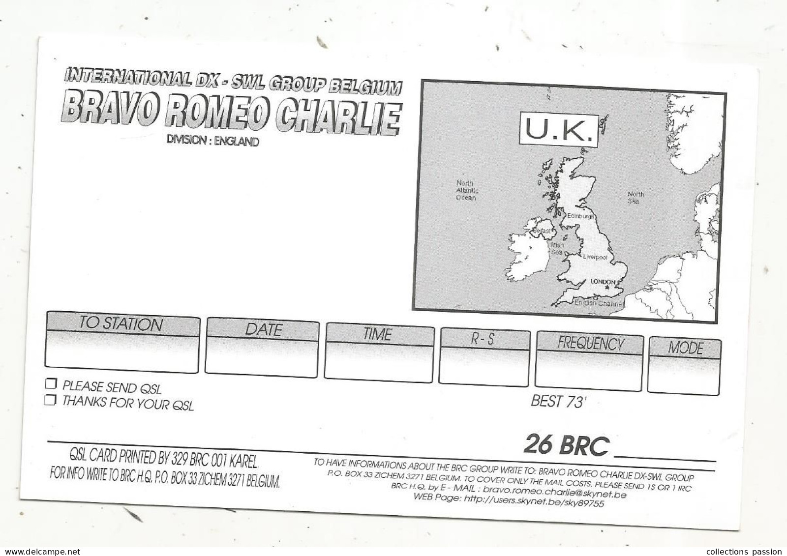 Cp , Carte QSL 4 Pages,  BRAVO ROMEO CHARLIE, International DX - SWL Group Belgium, ENGLAND, ANGLETERRE,  2 Scans - Radio Amateur