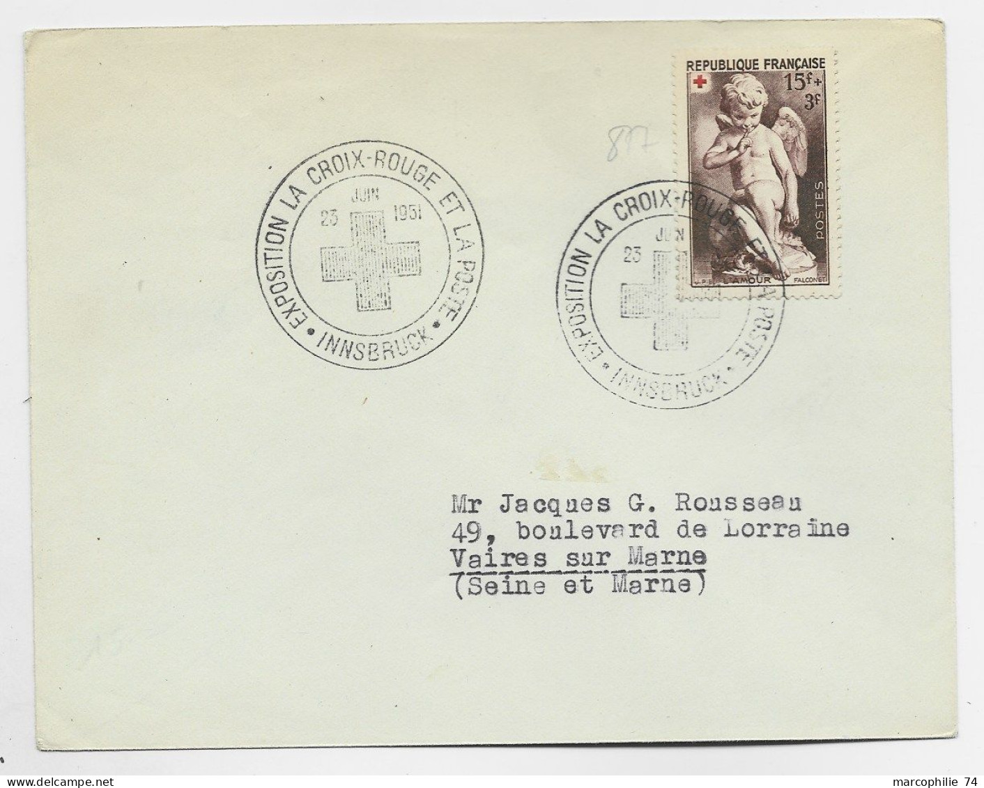 FRANCE CROIX ROUGE 15FR LETTRE COVER EXPOSITION CROIX ROUGE 23 JUIN 1951 INNSBRUCK - Croix Rouge