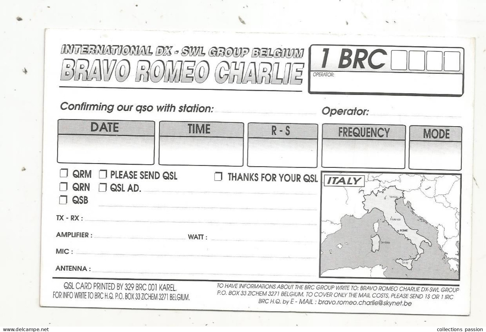 Cp , Carte QSL 4 Pages,  BRAVO ROMEO CHARLIE, International DX - SWL Group Belgium, ITALY, ITALIE,  2 Scans - Radio Amatoriale
