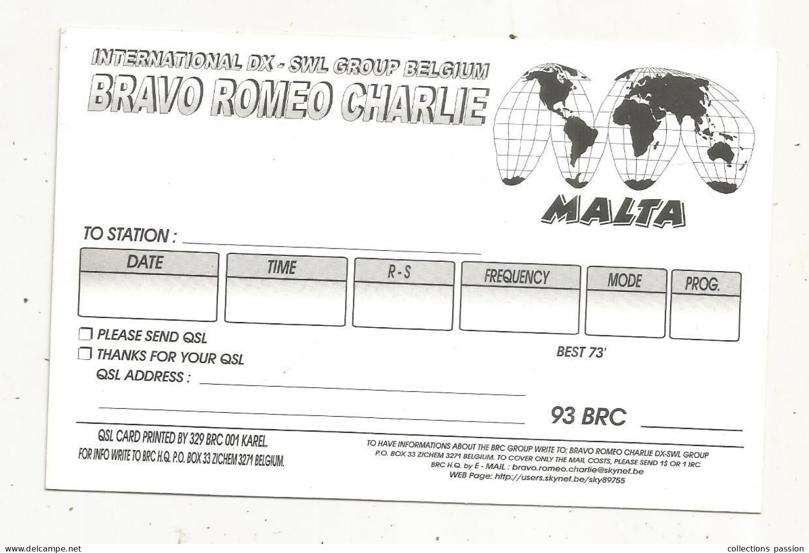 Cp , Carte QSL 4 Pages,  BRAVO ROMEO CHARLIE, International DX - SWL Group Belgium, MALTA, MALTE,  2 Scans - Radio Amatoriale