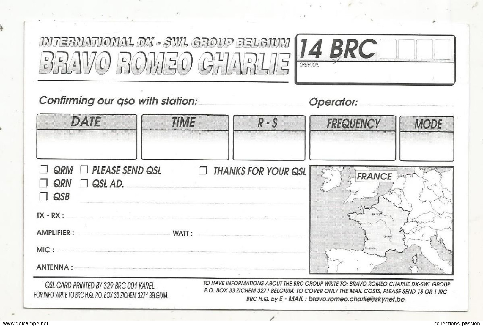 Cp , Carte QSL 4 Pages,  BRAVO ROMEO CHARLIE, International DX - SWL Group Belgium, FRANCE,  2 Scans - Radio Amatoriale