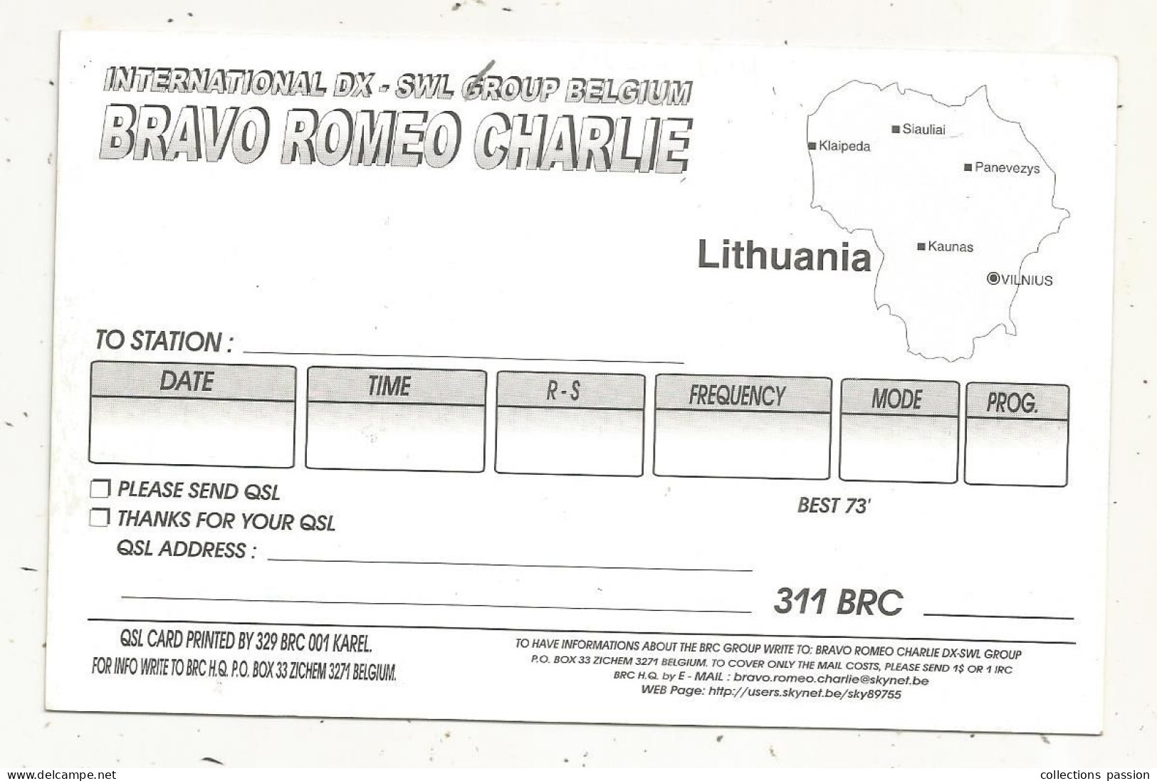 Cp , Carte QSL 4 Pages,  BRAVO ROMEO CHARLIE, International DX - SWL Group Belgium, LITHUANIA, LITUANIE,  2 Scans - Radio Amatoriale