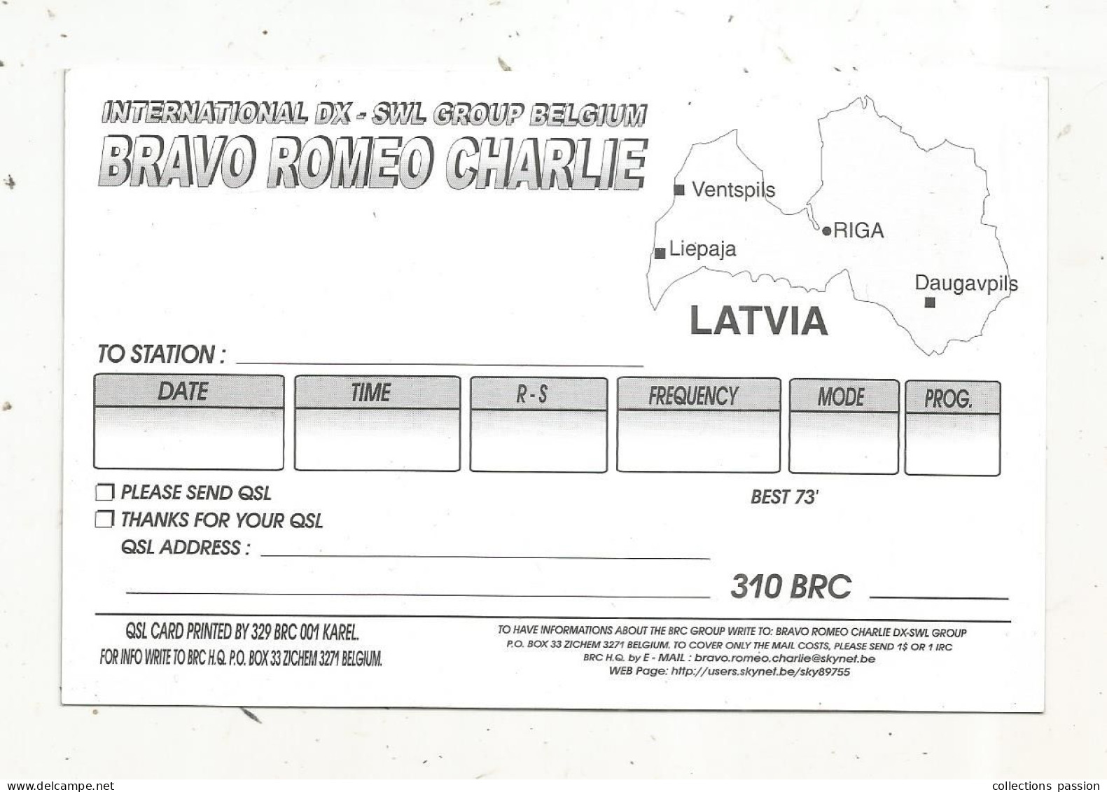 Cp , Carte QSL 4 Pages,  BRAVO ROMEO CHARLIE, International DX - SWL Group Belgium, LATVIA, LETTONIE,  2 Scans - Radio Amatoriale