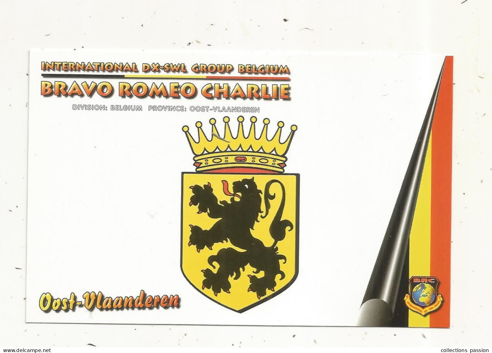 Cp , Carte QSL 4 Pages,  BRAVO ROMEO CHARLIE, International DX - SWL Group Belgium, OOST-VLAANDEREN, Blason,  2 Scans - Radio Amateur