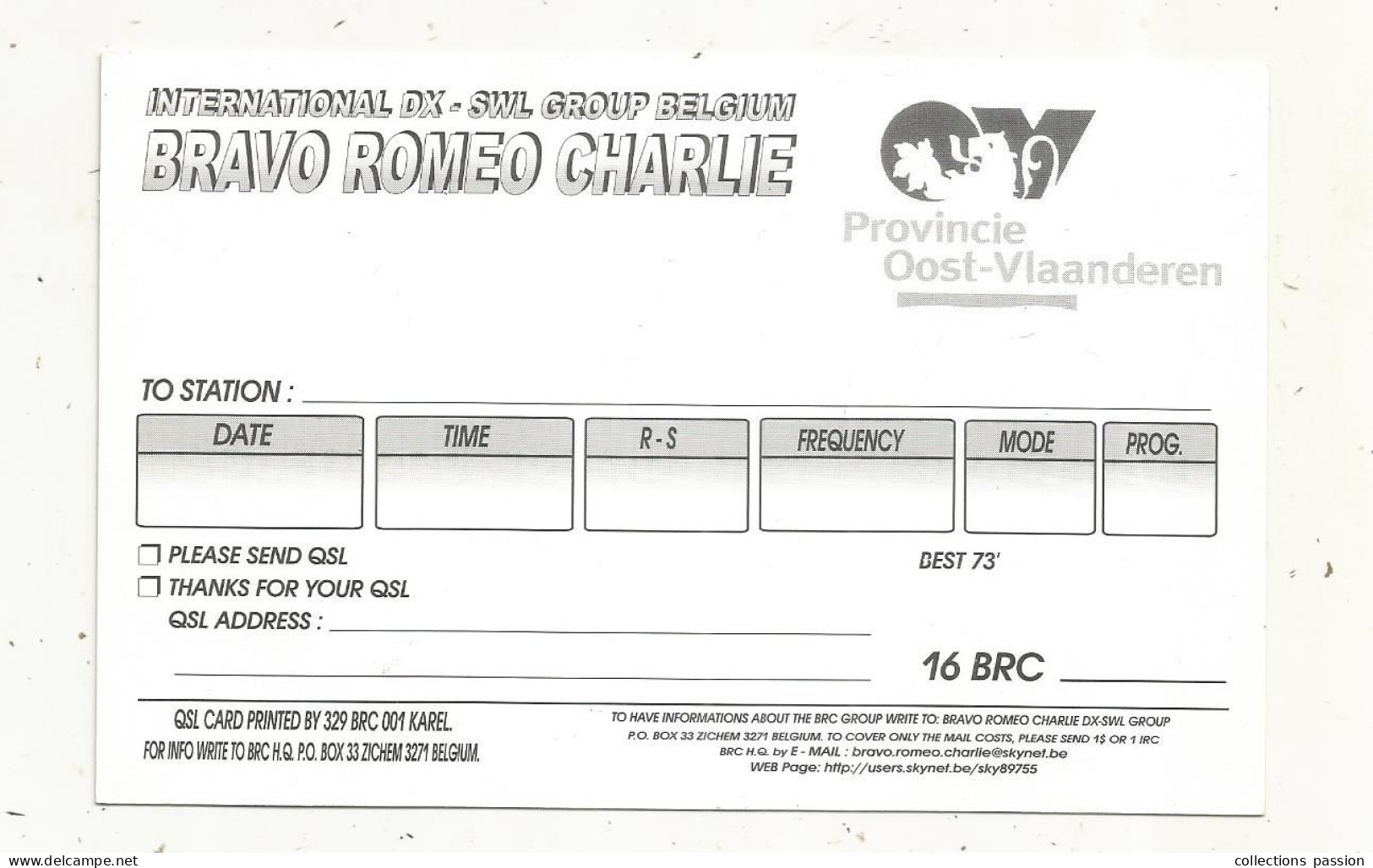 Cp , Carte QSL 4 Pages,  BRAVO ROMEO CHARLIE, International DX - SWL Group Belgium, OOST-VLAANDEREN, Blason,  2 Scans - Radio Amateur