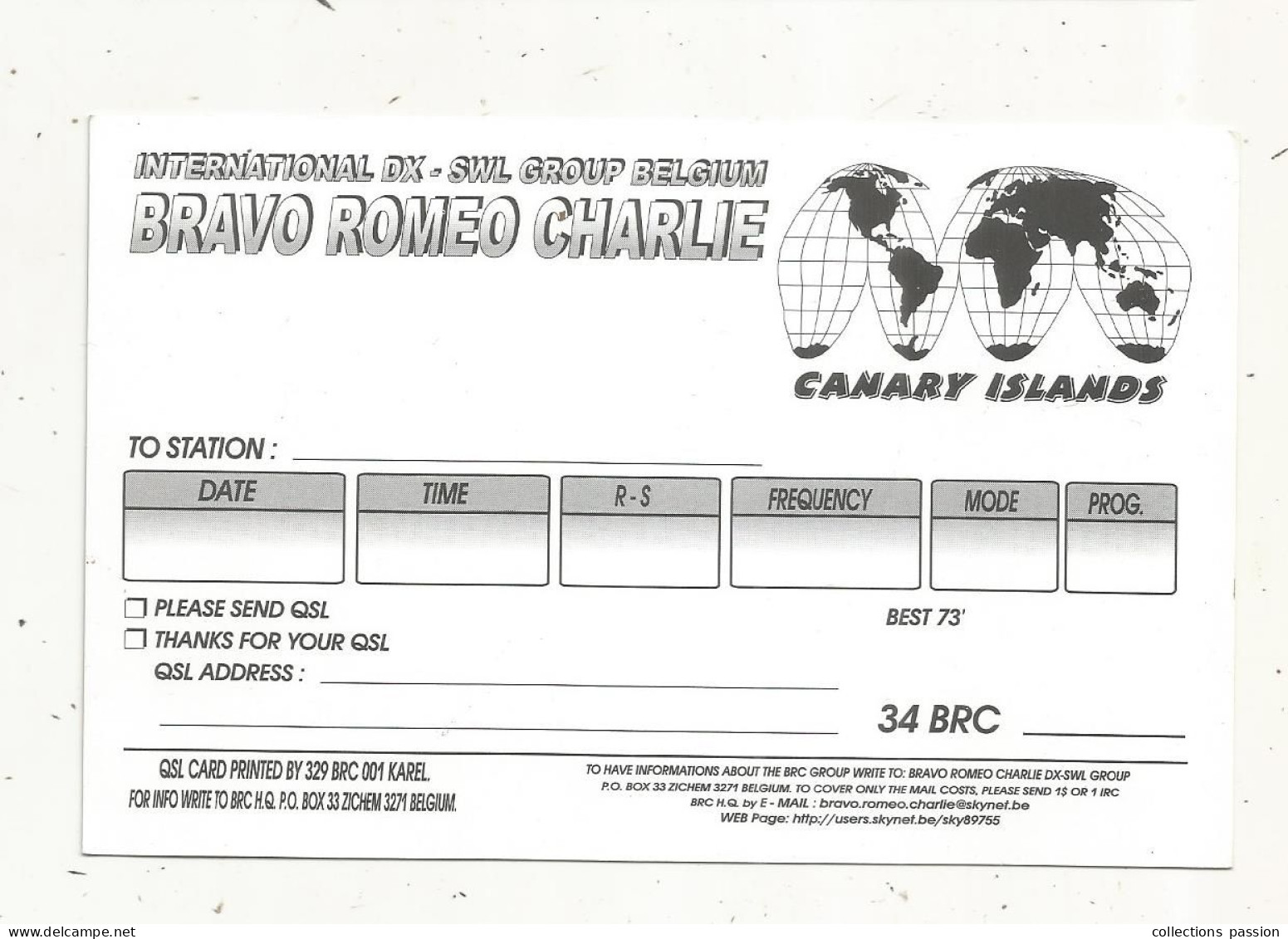 Cp , Carte QSL 4 Pages,  BRAVO ROMEO CHARLIE, International DX - SWL Group Belgium, CANARY ISLANDS,  2 Scans - Radio Amatoriale