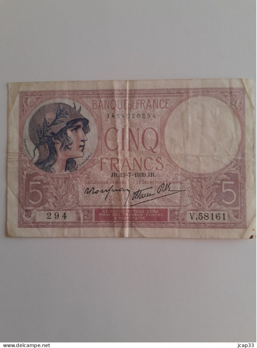 CINQ FRANCS - MINERVE -  13-7-1939  - V 58161  - - 5 F 1917-1940 ''Violet''