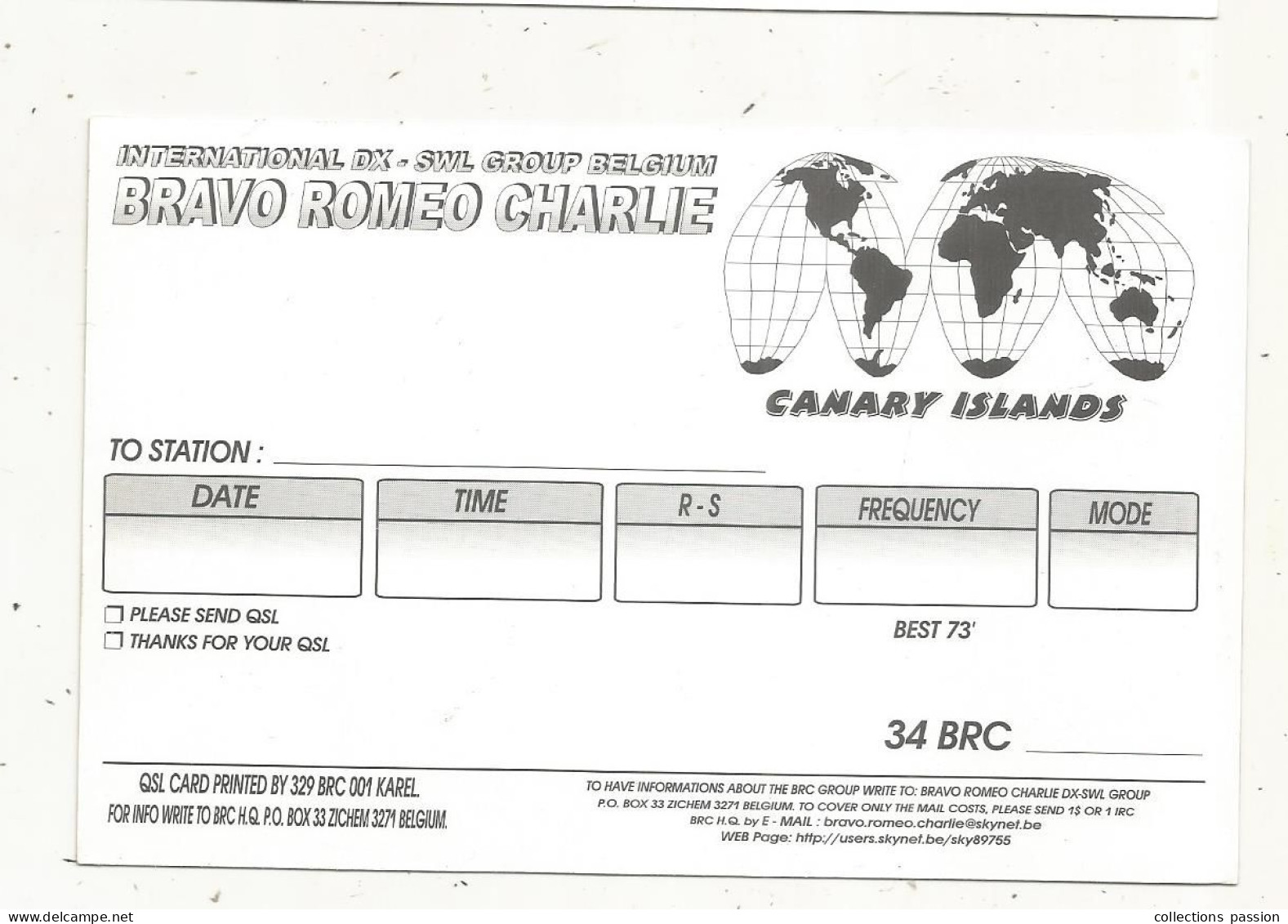 Cp , Carte QSL 4 Pages,  BRAVO ROMEO CHARLIE, International DX - SWL Group Belgium, CANARY ISLANDS,  2 Scans - Radio Amatoriale