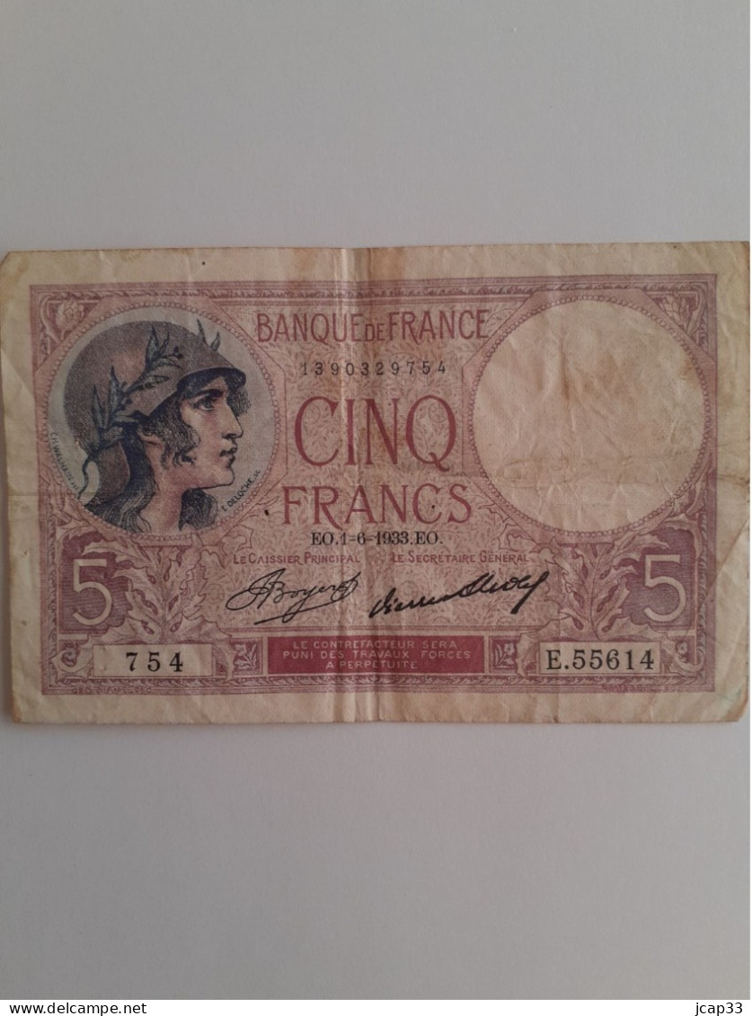 CINQ FRANCS - MINERVE -  1-6-1933  - E 55614  - - 5 F 1917-1940 ''Violet''