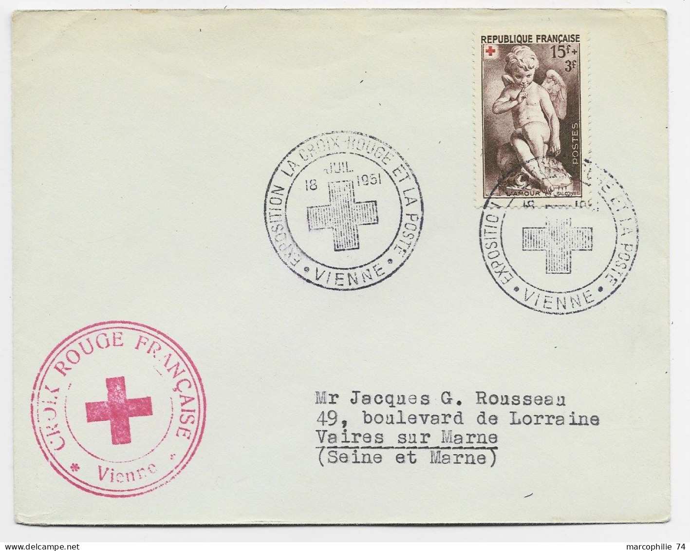 FRANCE CROIX ROUGE 15C LETTRE COVER EXPO CROIX ROUGE 18 JUIL 1951 VIENNE - Red Cross
