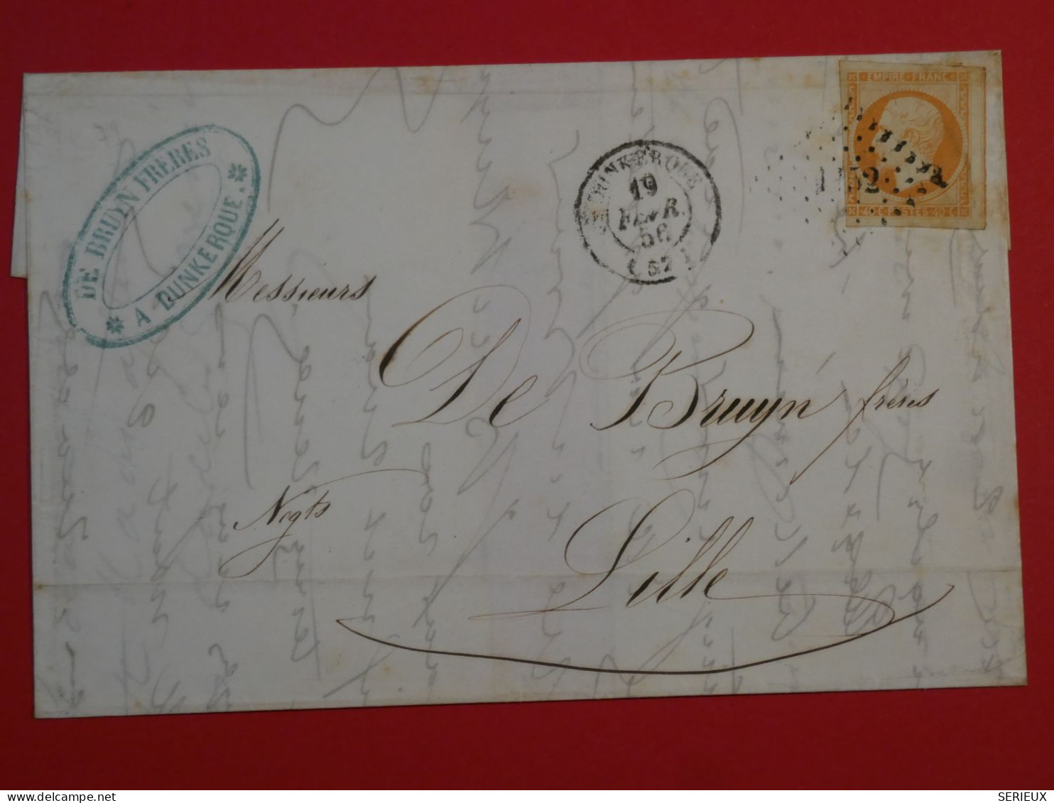 BP 15 FRANCE BELLE LETTRE 1856  DUNKERQUE A LILLE  + NAPOLEON  40C  +VOISIN +AFFR. INTERESSANT++ - 1853-1860 Napoléon III.