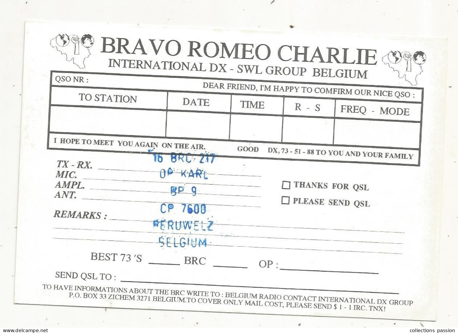 Cp , Carte QSL 4 Pages,  BRAVO ROMEO CHARLIE, International DX - SWL Group Belgium, HAINAUT,  2 Scans - Radio Amateur