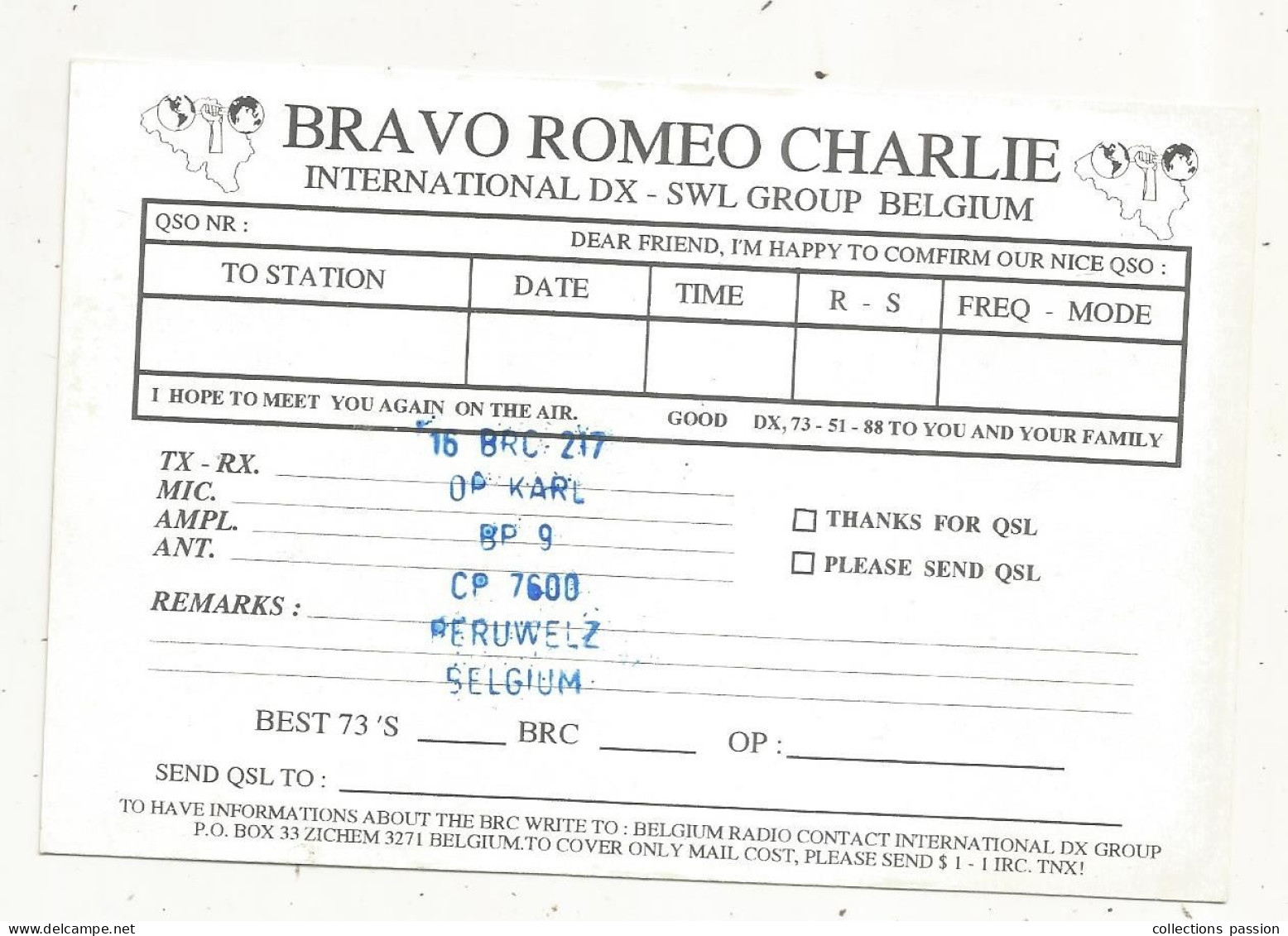 Cp , Carte QSL 4 Pages,  BRAVO ROMEO CHARLIE, International DX - SWL Group Belgium, HAINAUT,  2 Scans - Radio Amatoriale