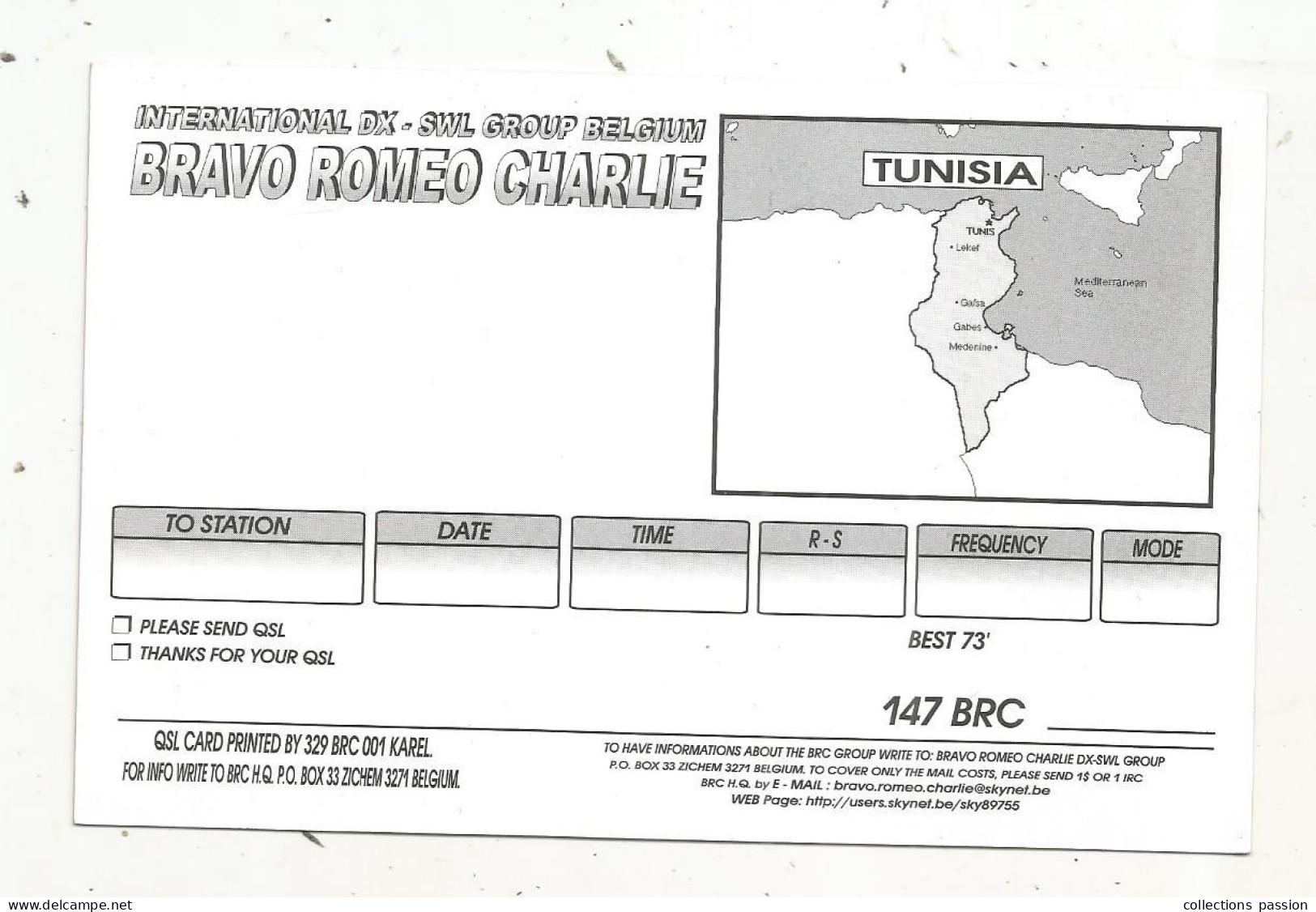 Cp , Carte QSL 4 Pages,  BRAVO ROMEO CHARLIE, International DX - SWL Group Belgium, TUNISIA, TUNISIE,  2 Scans - Radio Amateur