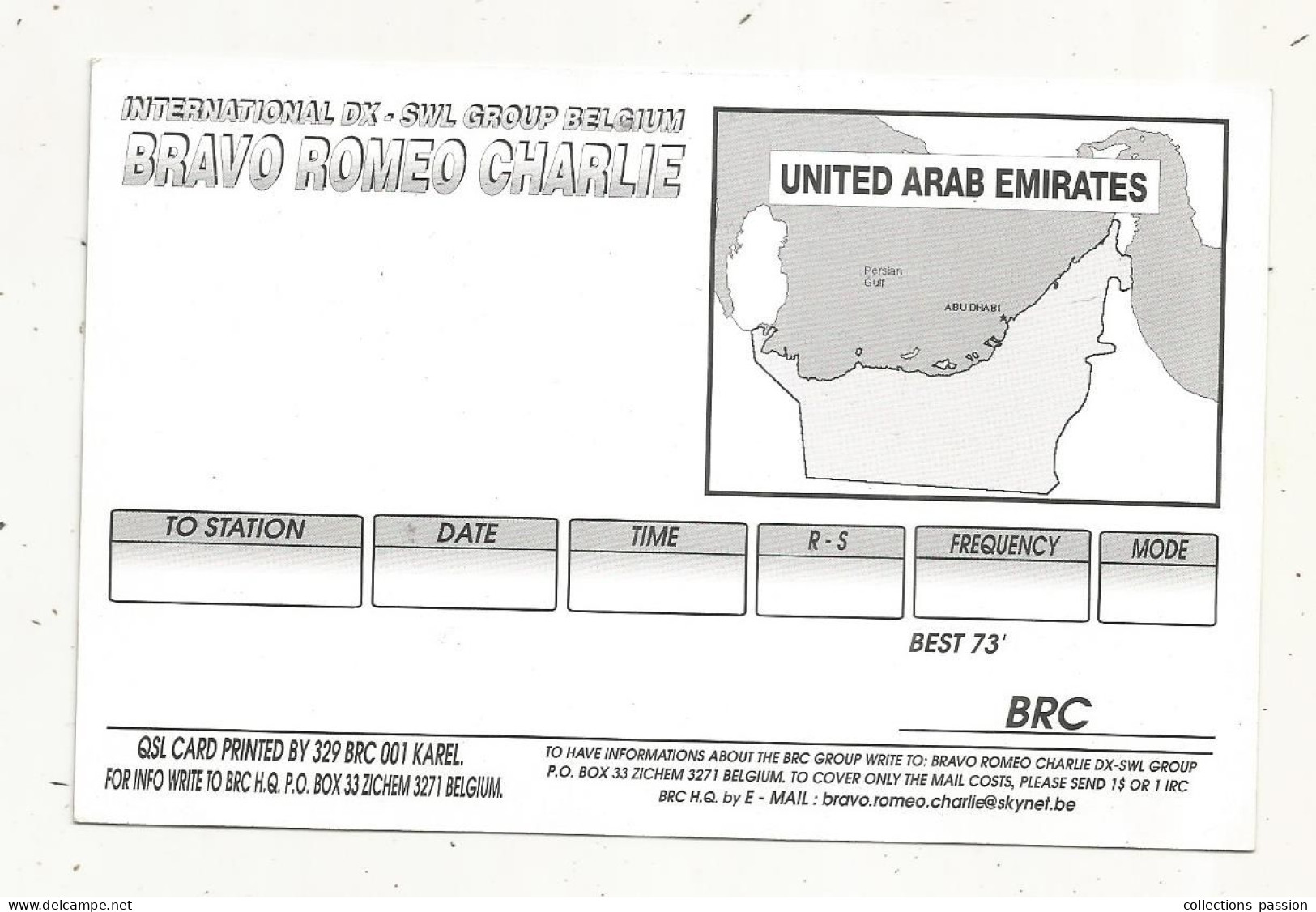 Cp , Carte QSL 4 Pages,  BRAVO ROMEO CHARLIE, International DX - SWL Group Belgium, UNITED ARAB EMIRATES,  2 Scans - Radio Amatoriale