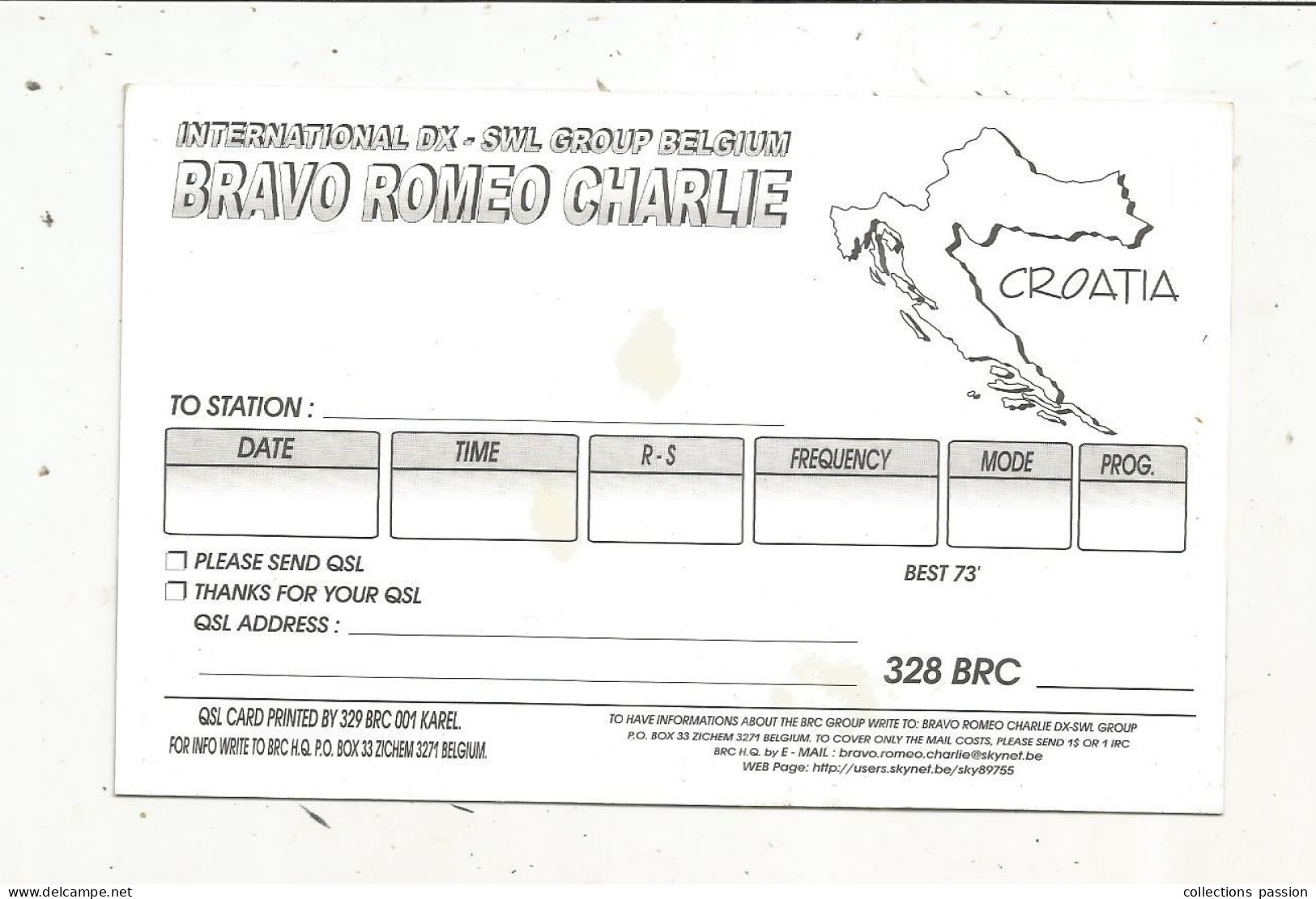 Cp , Carte QSL 4 Pages,  BRAVO ROMEO CHARLIE, International DX - SWL Group Belgium, CROATIA, CROATIE,  2 Scans - Radio Amatoriale