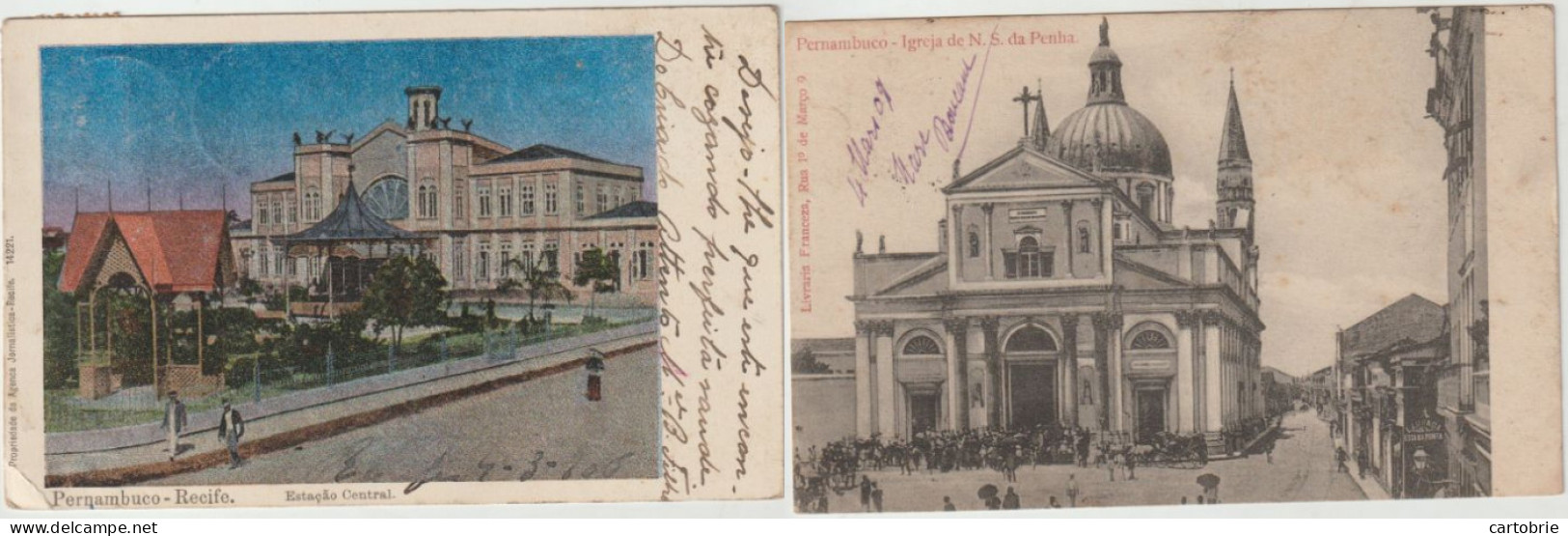 Brésil - PERNAMBUCO - Lot De 2 Cartes Postales : Recife, Estação Central + Igreja De N. S. Da Penha - Recife