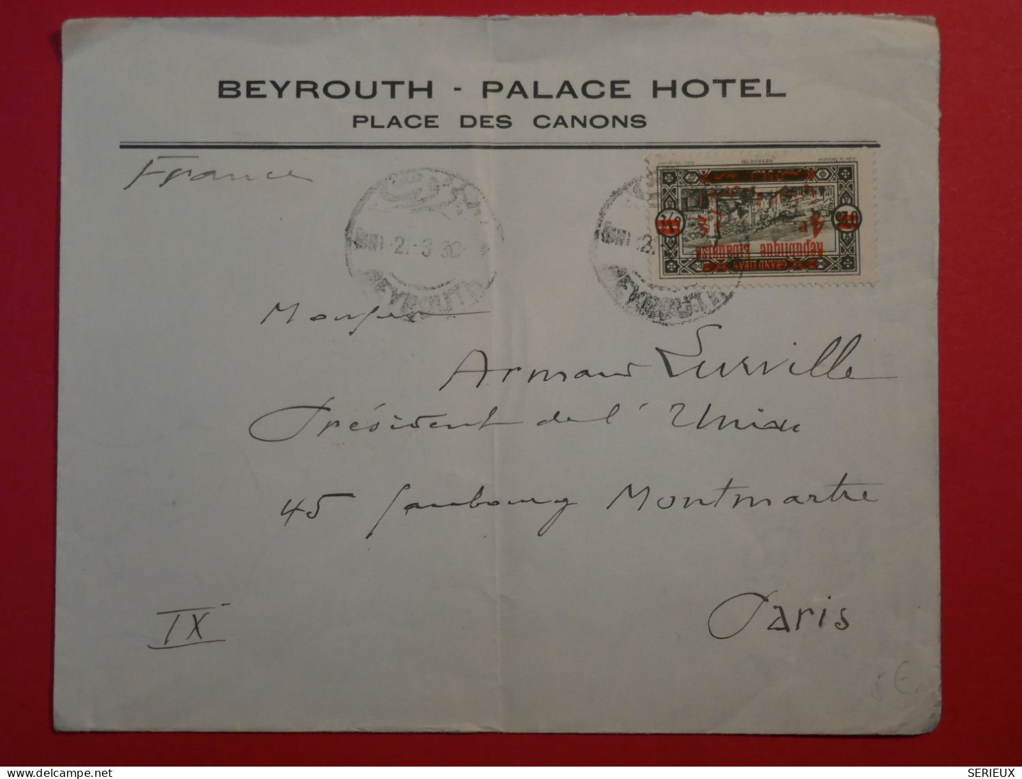 BP 15 GRAND LIBAN   BELLE LETTRE  1930 PALACE HOTEL BEYROUTH  A  PARIS FRANCE +  SURCHARGE ROUGE +AFFR. INTERESSANT++ - Covers & Documents