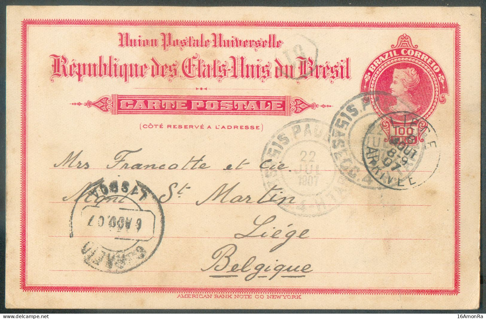 E.P. Carte 100 R. Obl. SAO PAULO Du 22 Juillet 1907 Vers Manufacture D'Armes FRANCOTTE à Liège  - 20869 WEAPON - Entiers Postaux