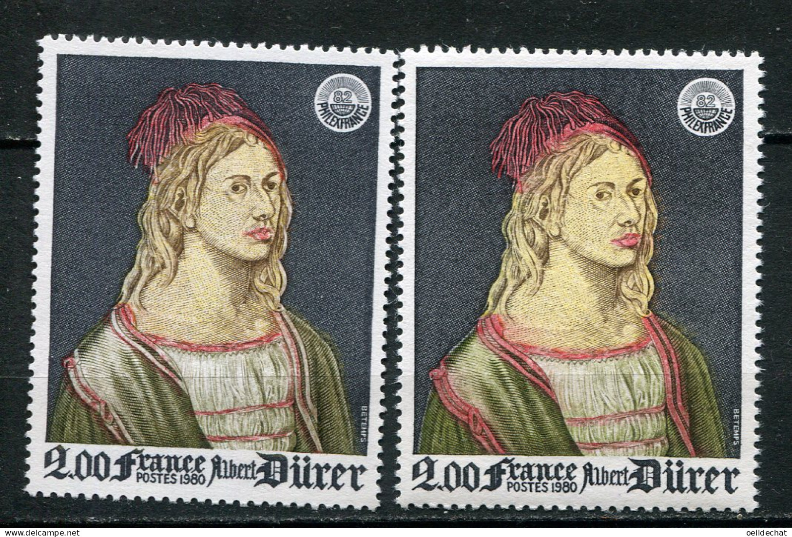 24891 FRANCE N°2090** 2F Albert Dürer : Rose à Moitié éffacé Sur La Tunique + Normal (non Inclus) 1980 TB - Ungebraucht