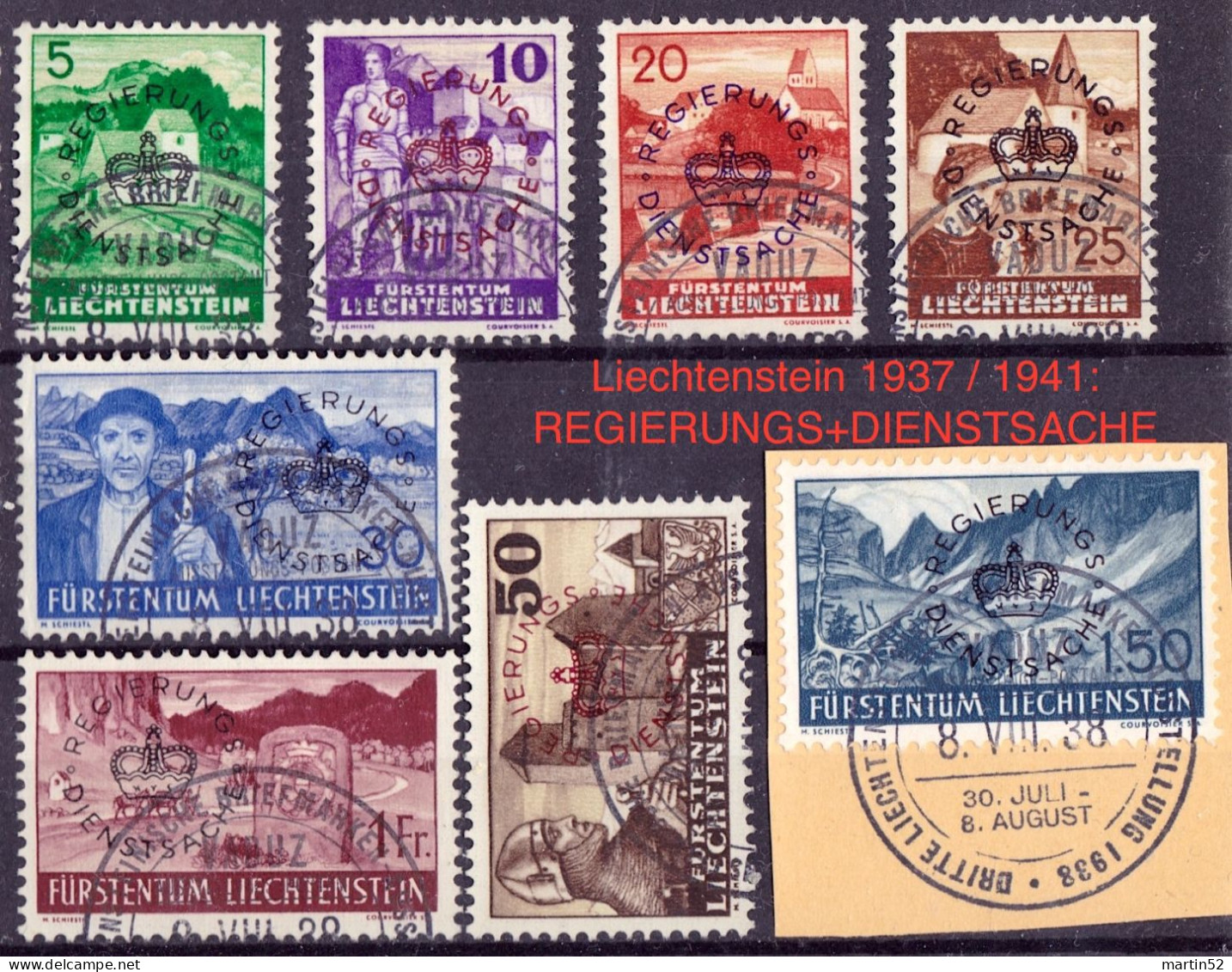 Liechtenstein 1937/41: REGIERUNGS + DIENSTSACHE (Officiel) Zu 21-28 Mi 20-27 Yv TS 20-27 O VADUZ 8.VIII.38 (CHF 40.00) - Official