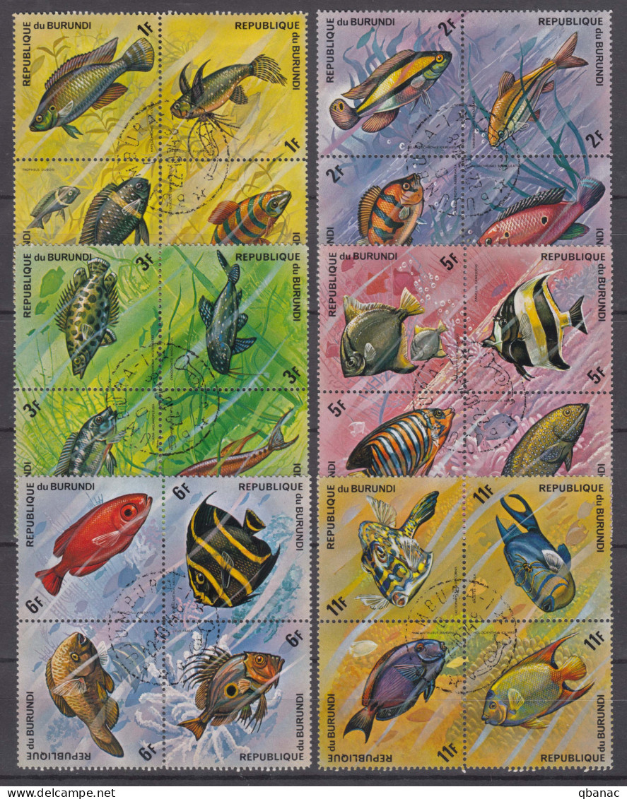Burundi 1974 Tropical Fish Complete Ordinary Post Set In Pieces Of Four Mi#1034-1057 Canceled - Oblitérés