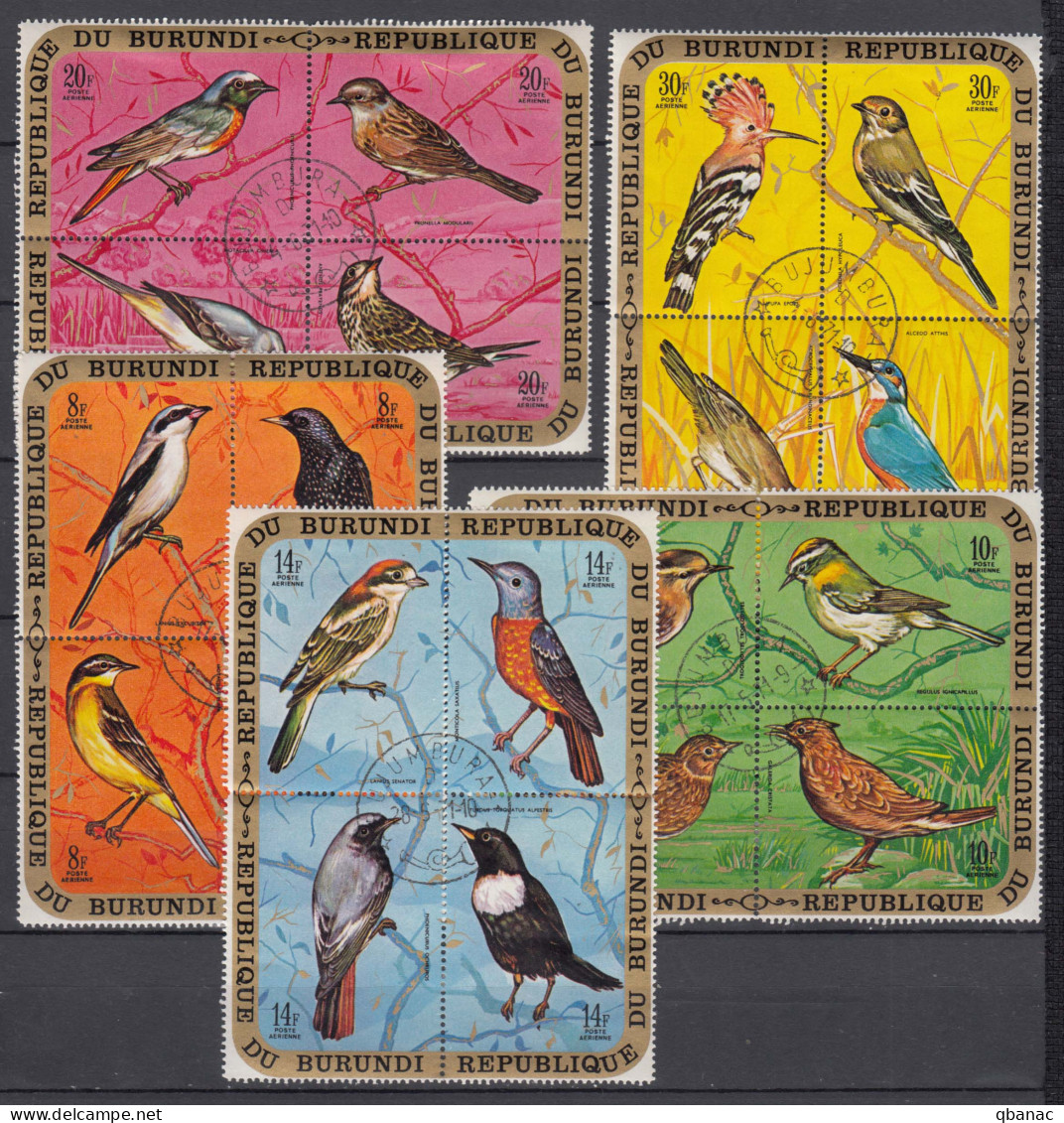 Burundi 1970/1971 Birds 5 Blocks Of 4, Used - Oblitérés