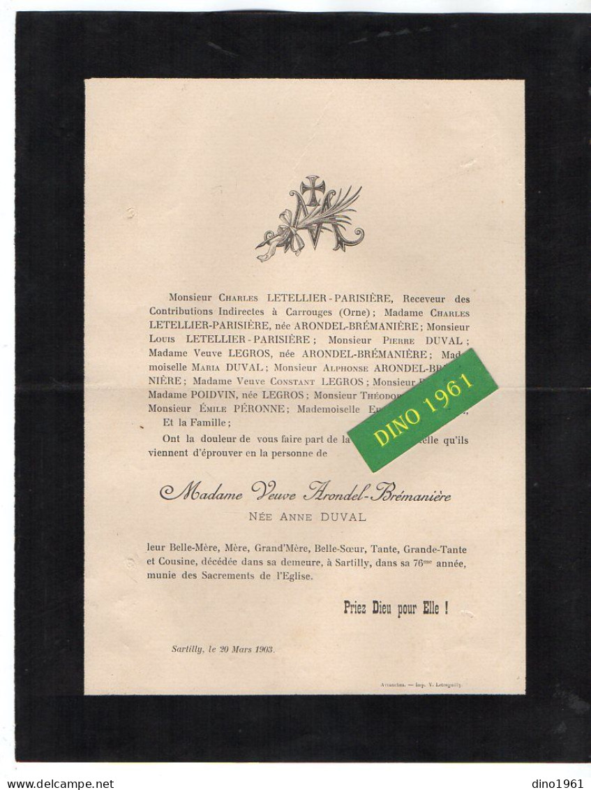 VP21.783 - SARTILLY 1903 - Généalogie - Faire - Part De Décès De Mme Veuve ARONDEL - BREMANIERE Née Anne DUVAL - Décès