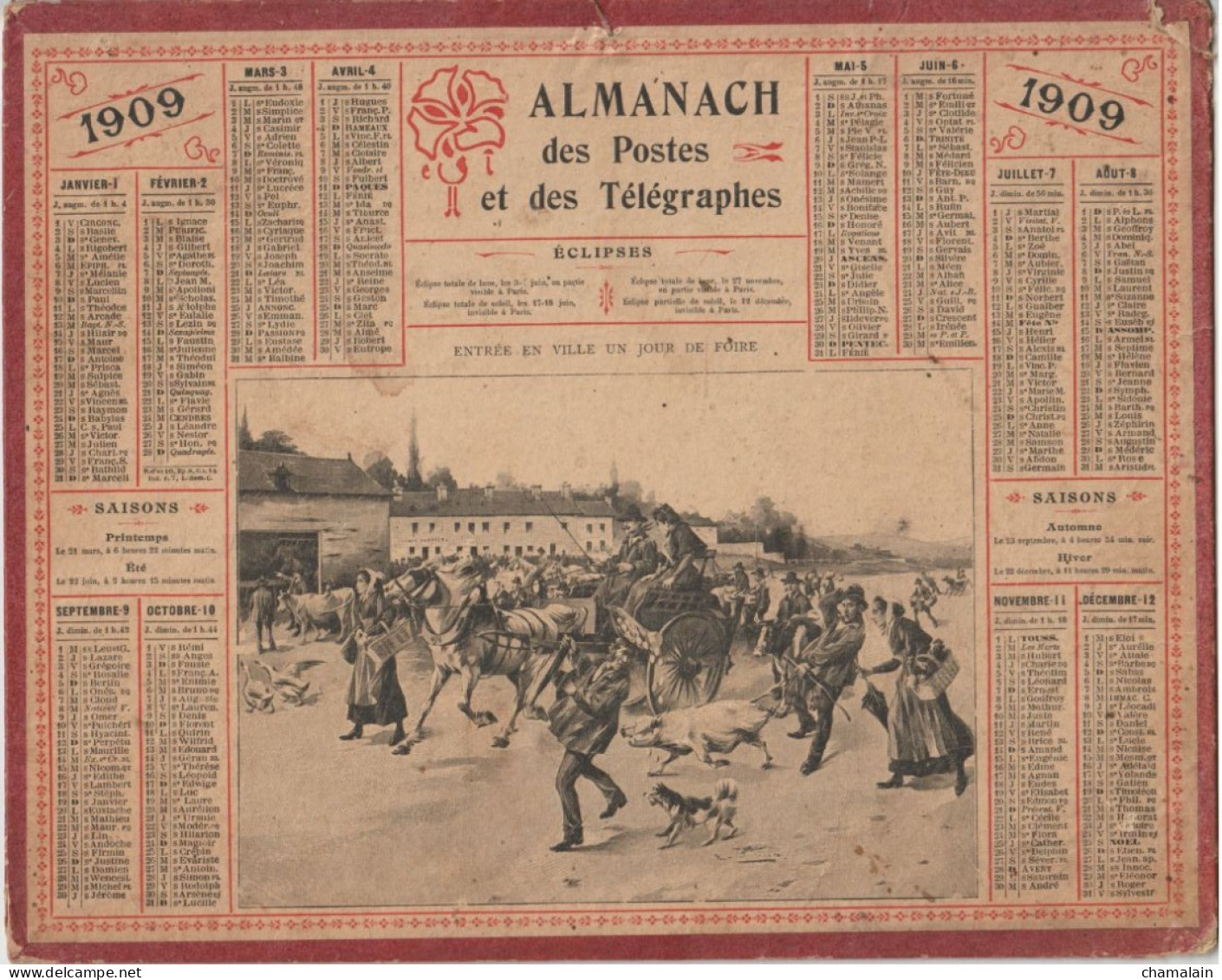 ALMANACH DES POSTES ET TELEGRAPHES Année 1909 -  " Entrée En Ville Un Jour De Foire" - Grand Format : 1901-20