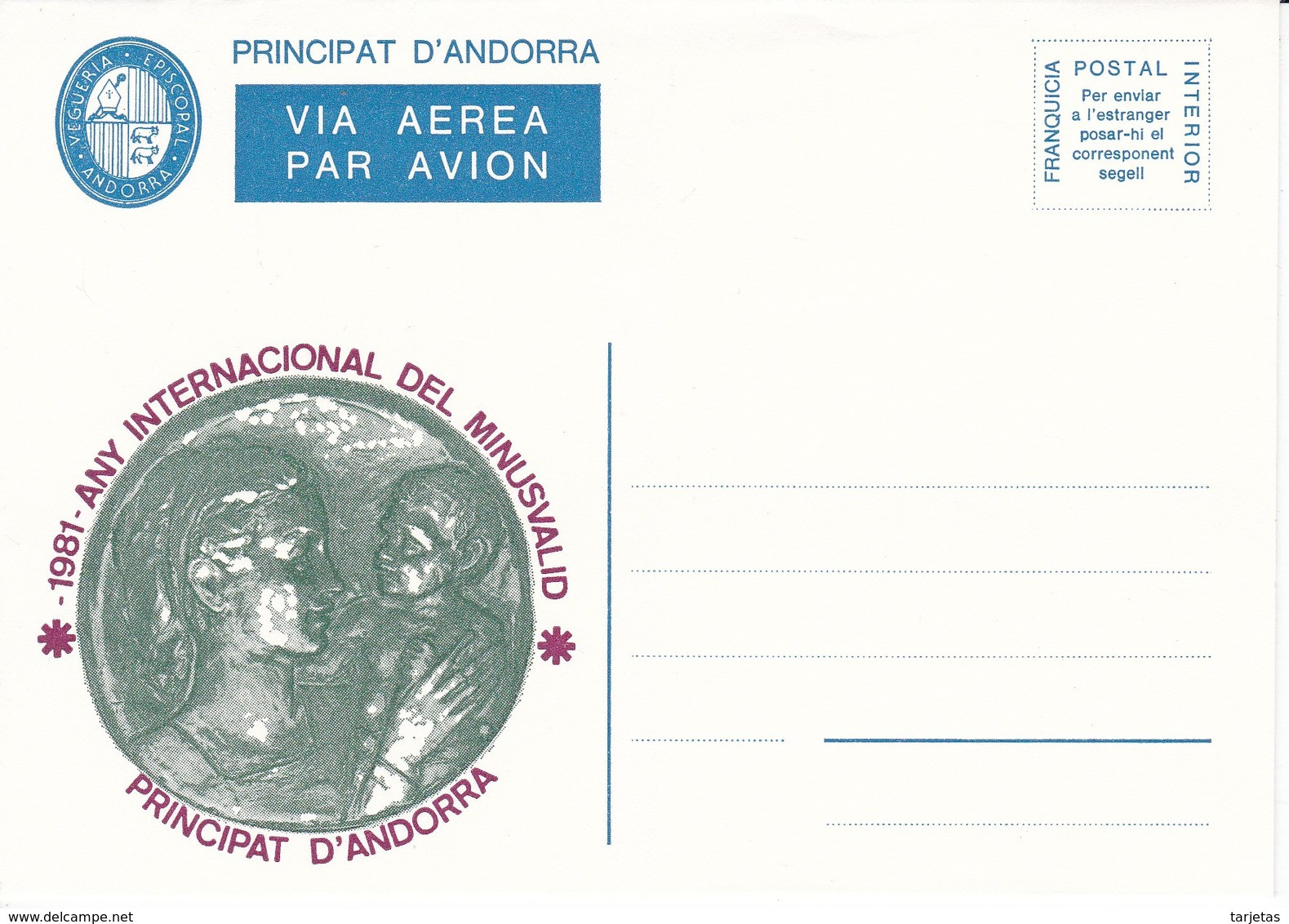 ANDORRA VEGUERIA EPISCOPAL AEROGRAMA - AÑO 1981 - AÑO INTERNACIONAL DEL MINUSVALIDO - Viguerie Episcopale